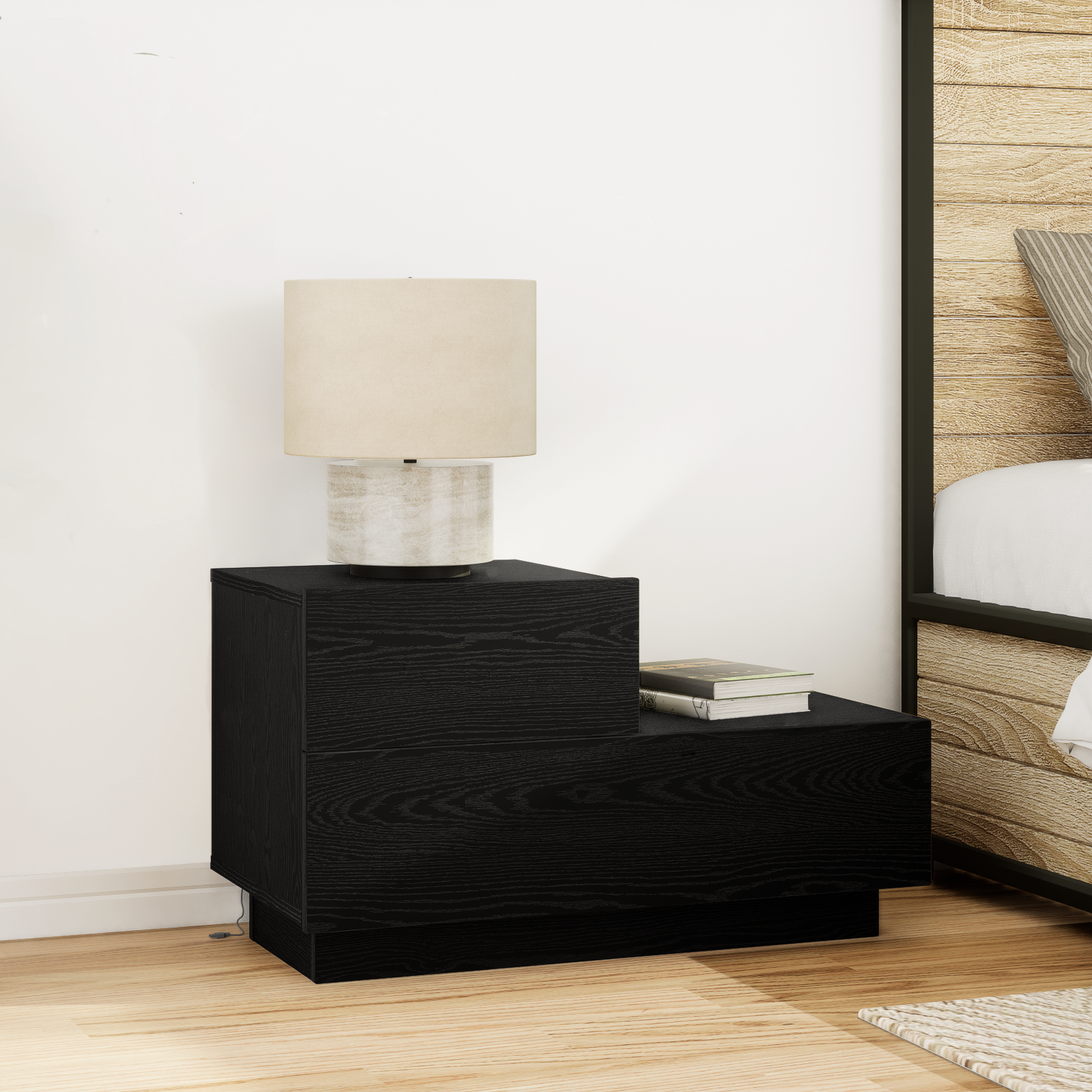 Bedside Cabinet with LED Lights Black Oak 100x36x49 cm