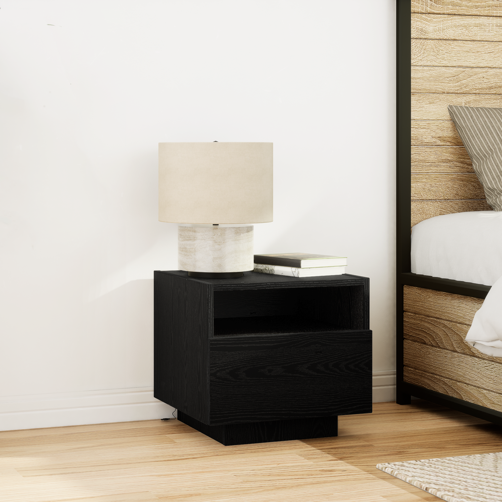 Bedside Cabinet with LED Lights Black Oak 40x39x37 cm