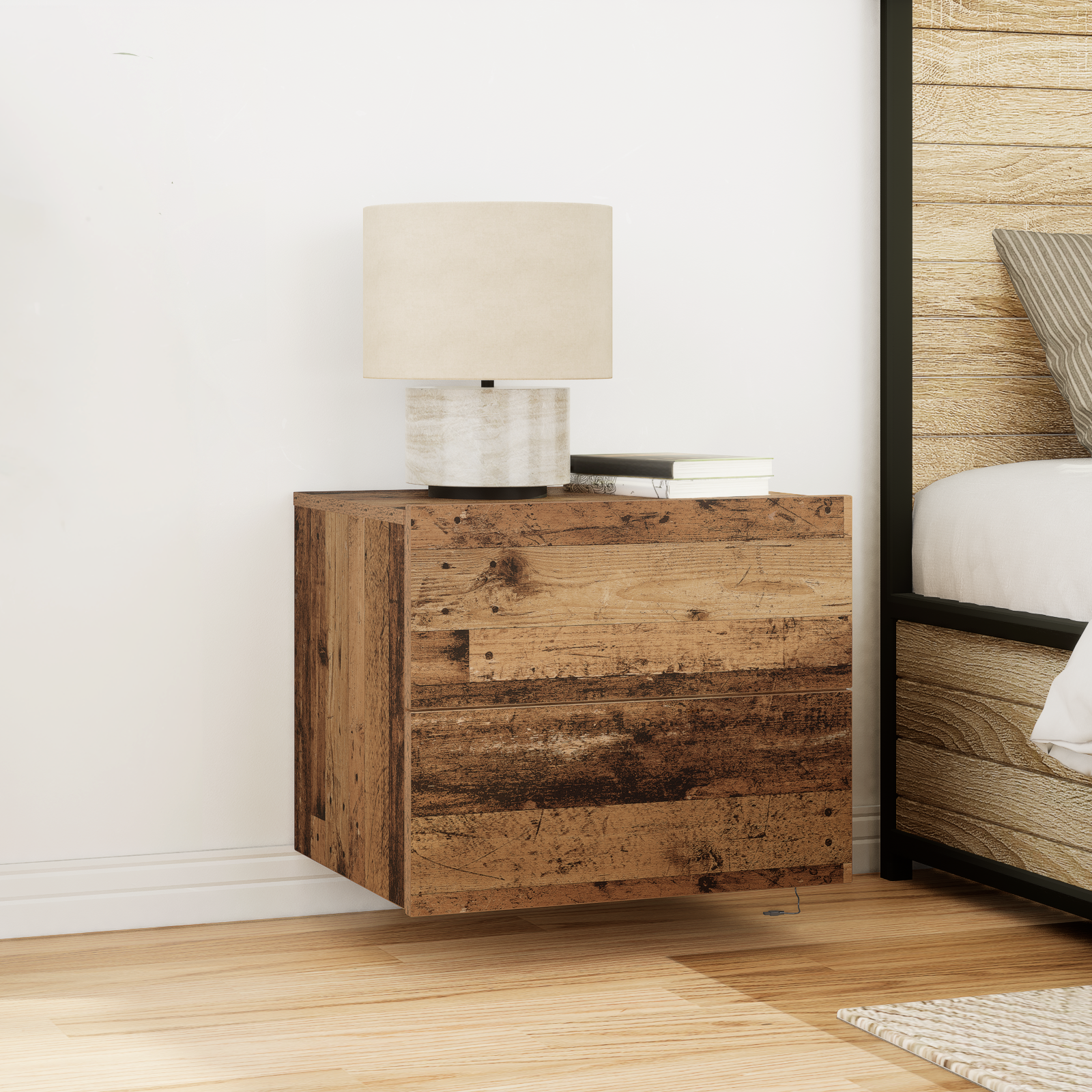 Bedside Cabinets with LED Lights 2 pcs Wall-Mounted Old Wood