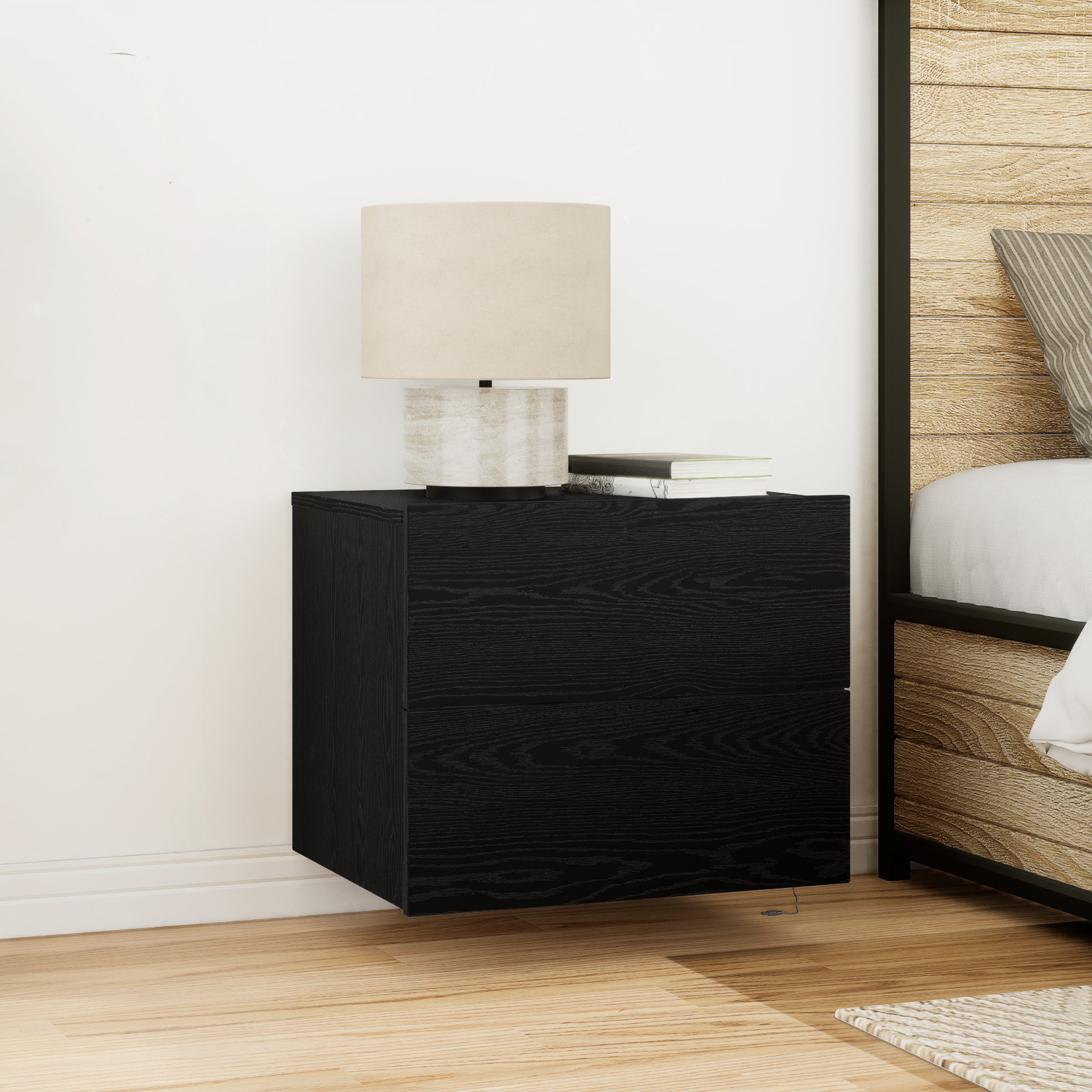 Bedside Cabinet with LED Wall-Mounted Black Oak 50x39x41 cm