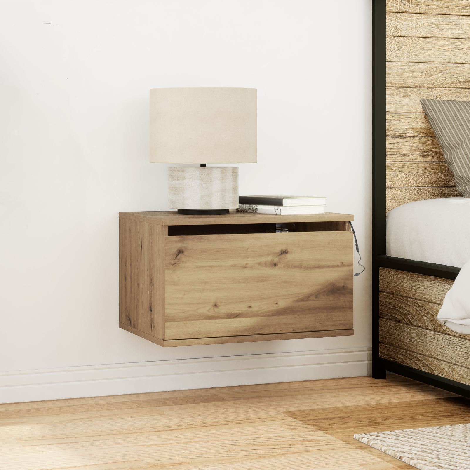 Bedside Cabinet with LED Wall-Mounted Artisan Oak 50x36x30 cm