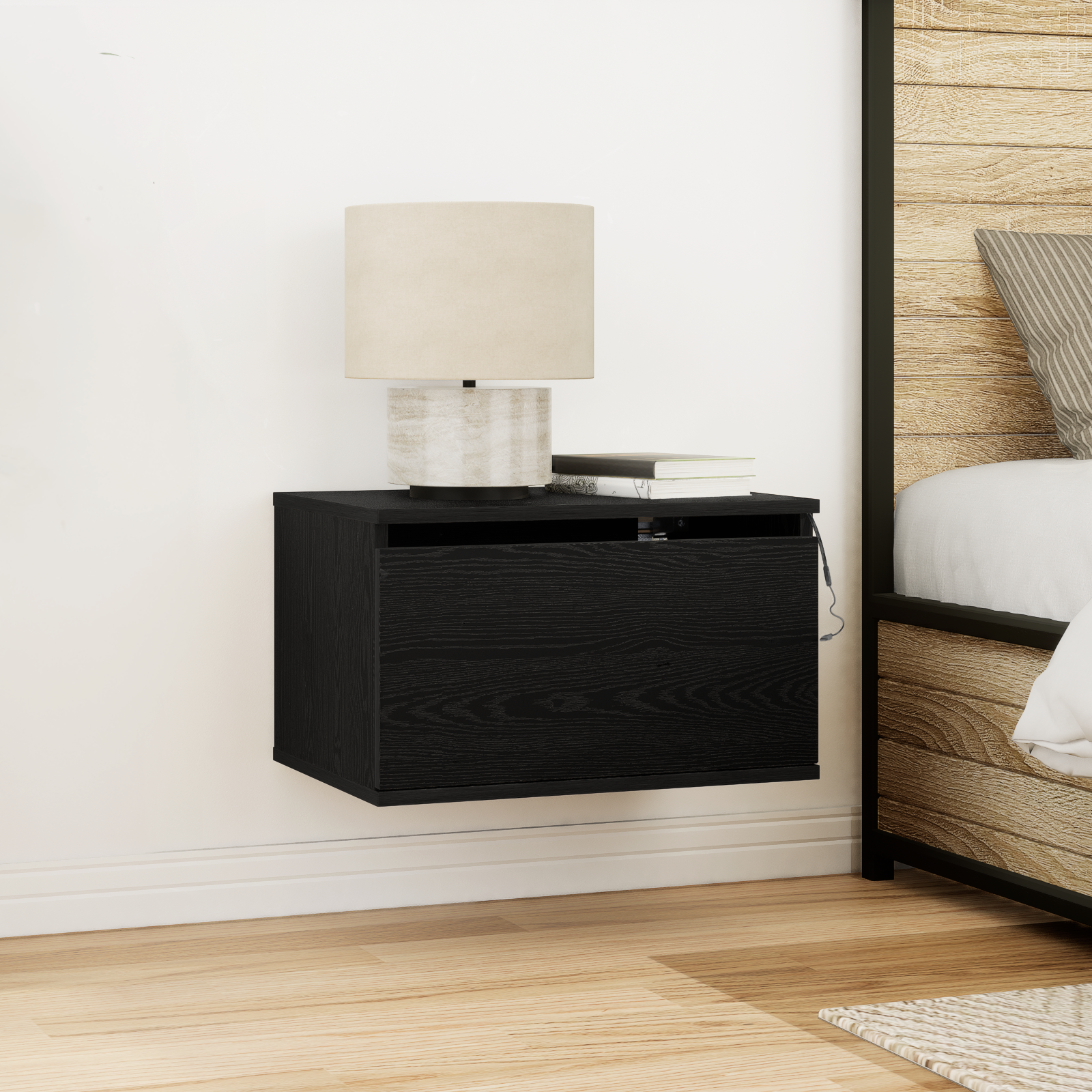 Bedside Cabinets with LED Lights 2 pcs Wall-Mounted Black Oak