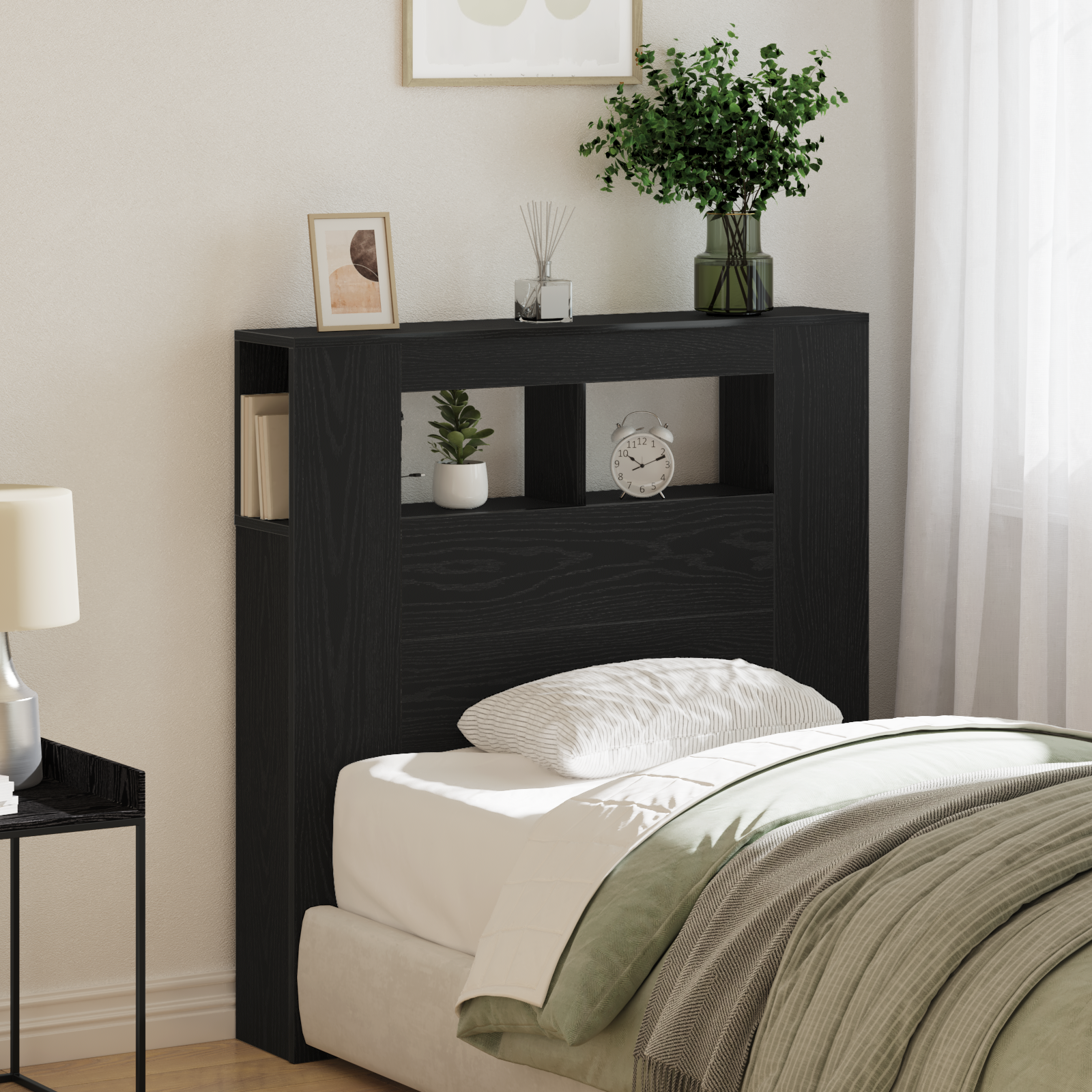 Storage Headboard with LED Lights Black Oak 100x18,5x103,5 cm
