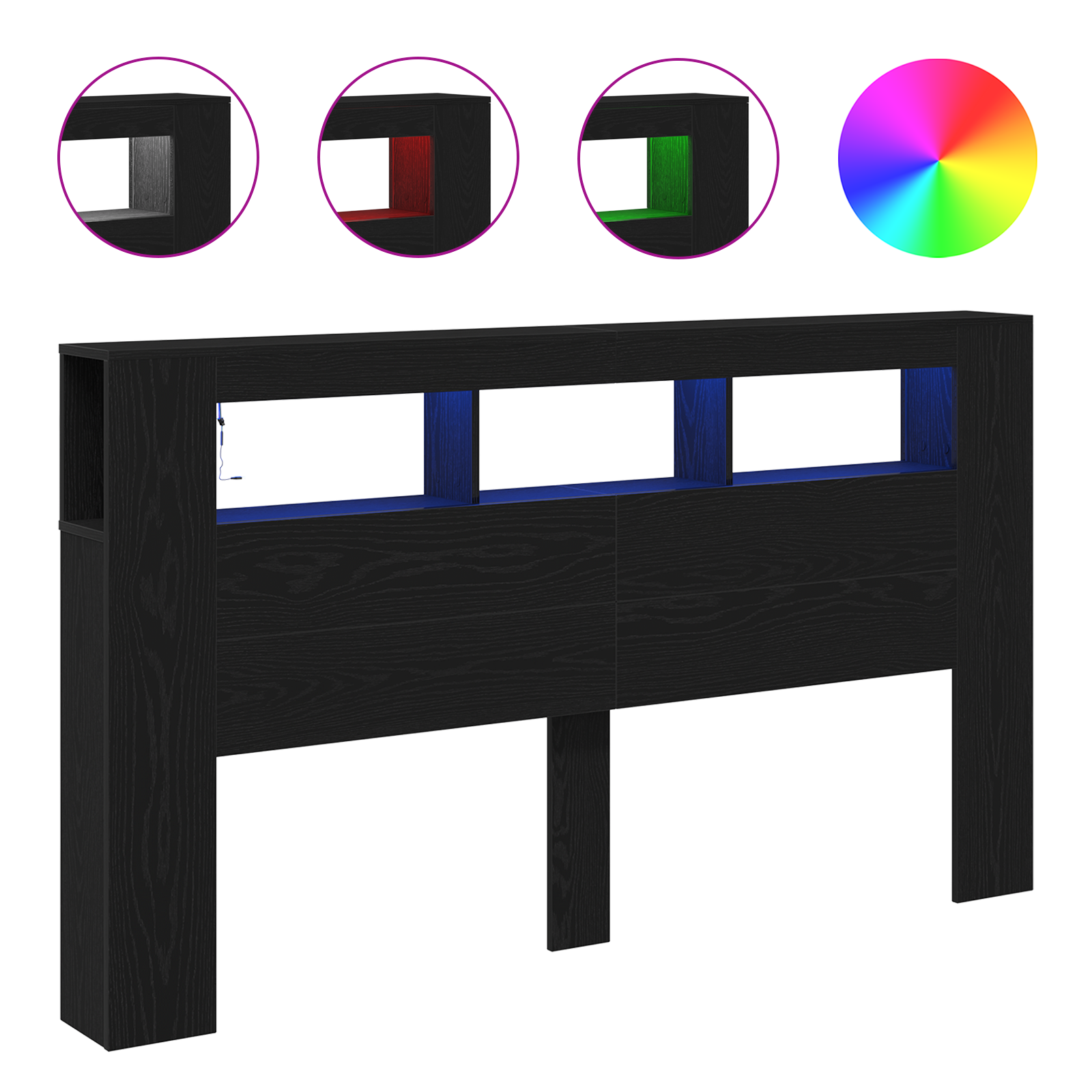 Storage Headboard with LED Lights Black Oak 180x18,5x103,5 cm - Image 4