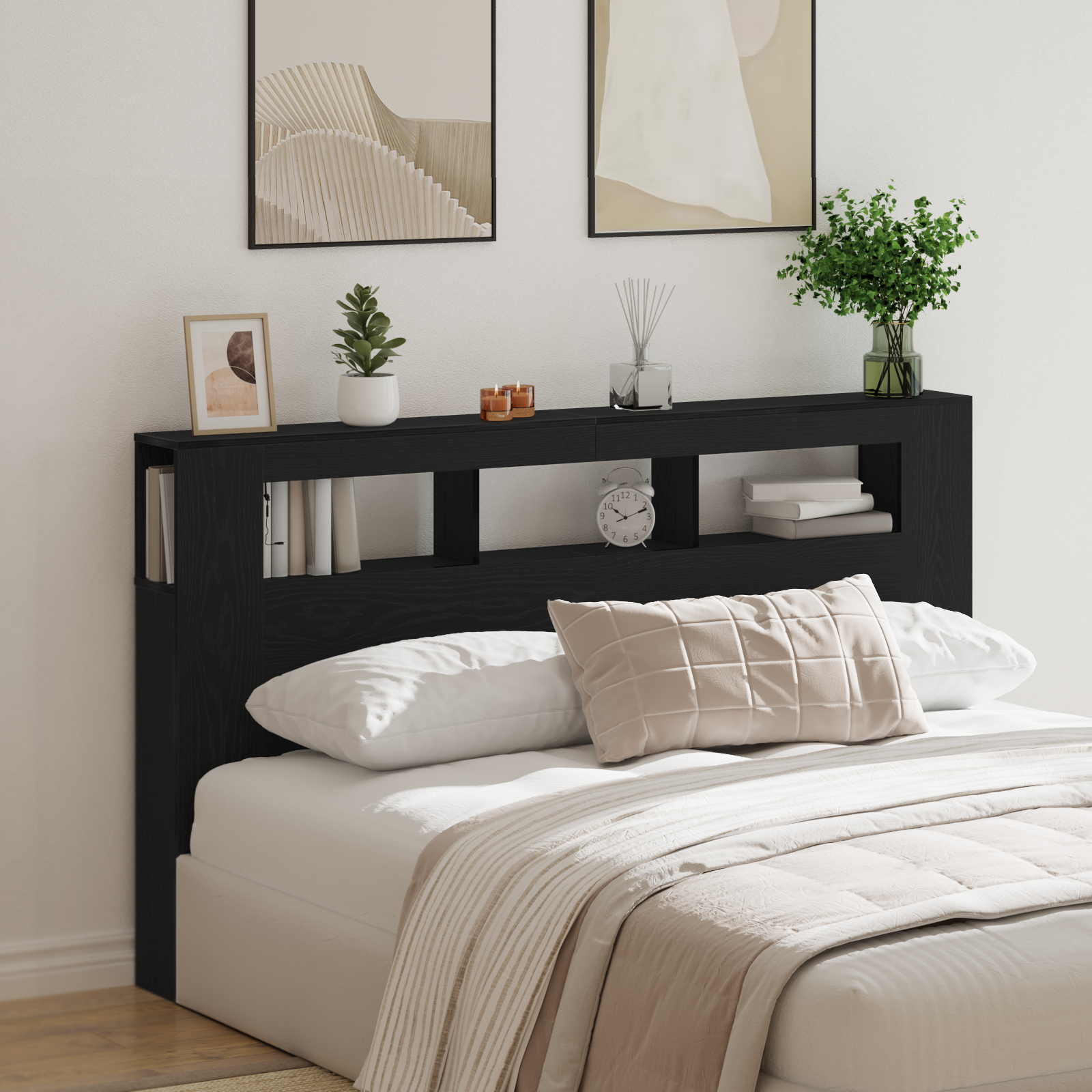 Storage Headboard with LED Lights Black Oak 180x18,5x103,5 cm