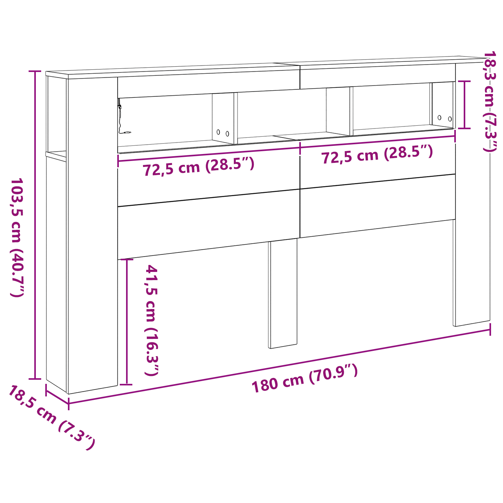 Storage Headboard with LED Lights Black Oak 180x18,5x103,5 cm - Image 11
