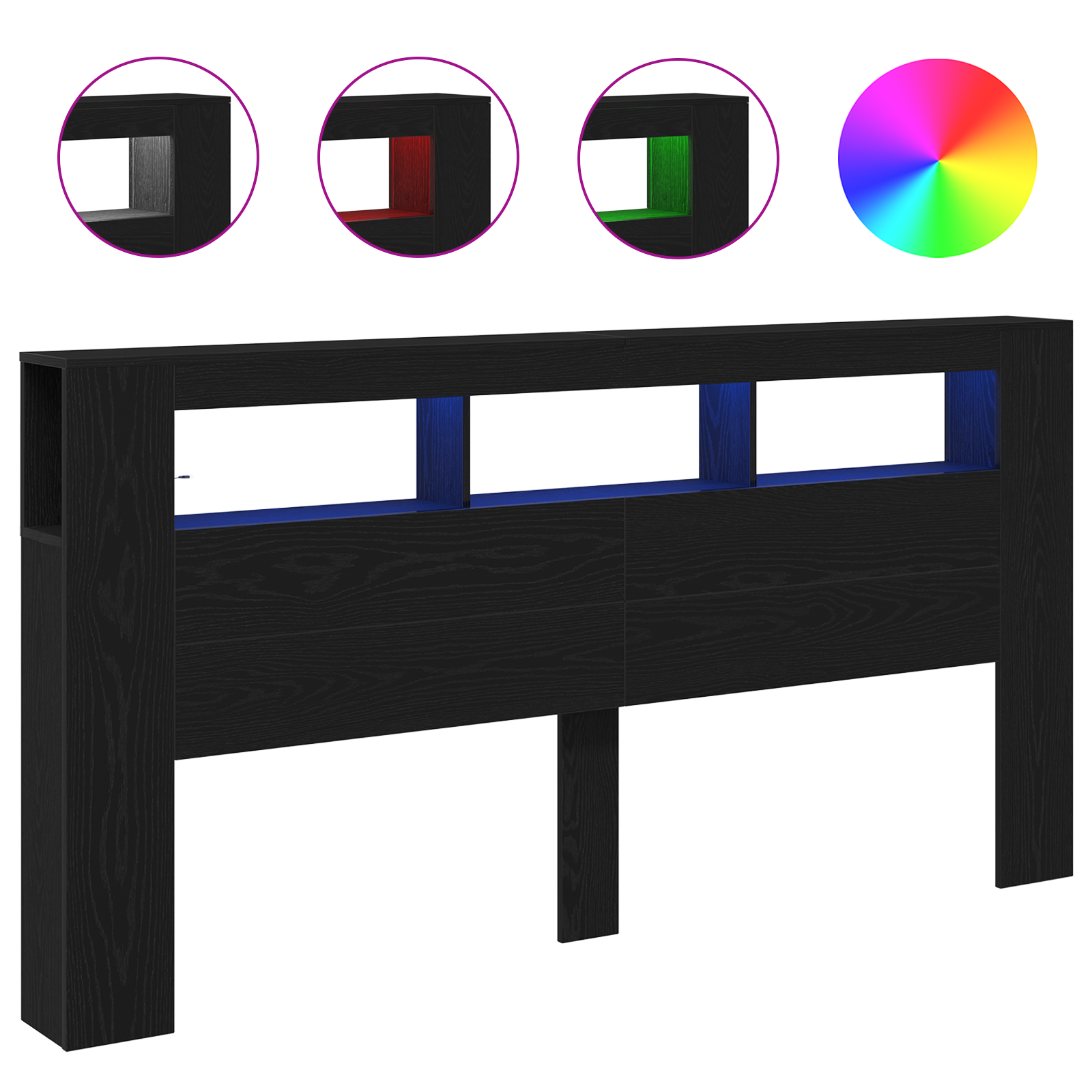 Storage Headboard with LED Lights Black Oak 200x18,5x103,5 cm - Image 4