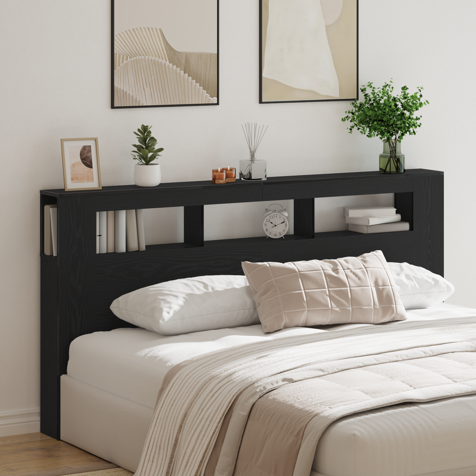 Storage Headboard with LED Lights Black Oak 200x18,5x103,5 cm