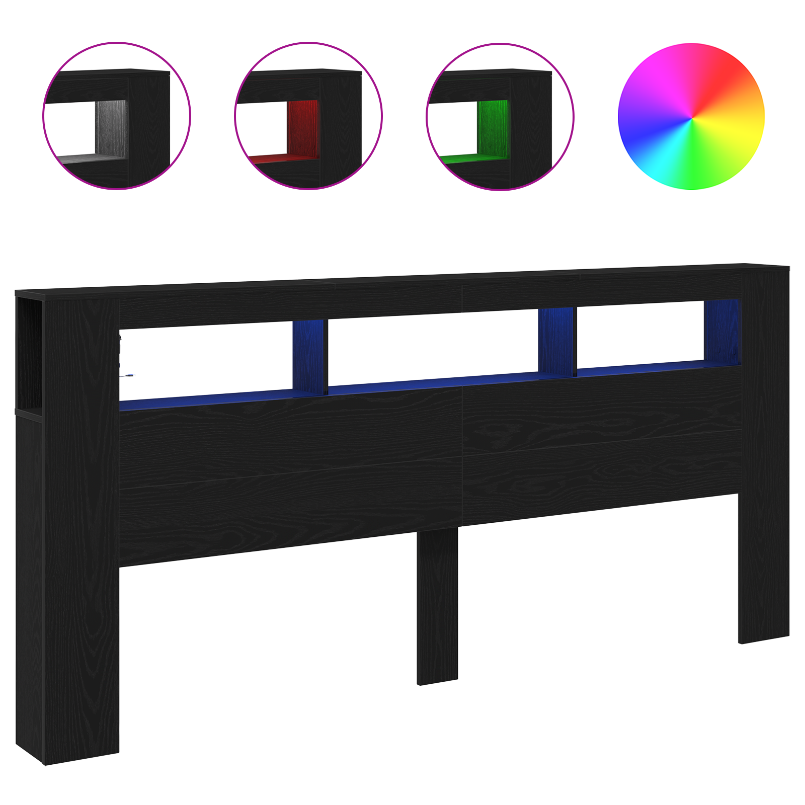 Storage Headboard with LED Lights Black Oak 220x18,5x103,5 cm - Image 4