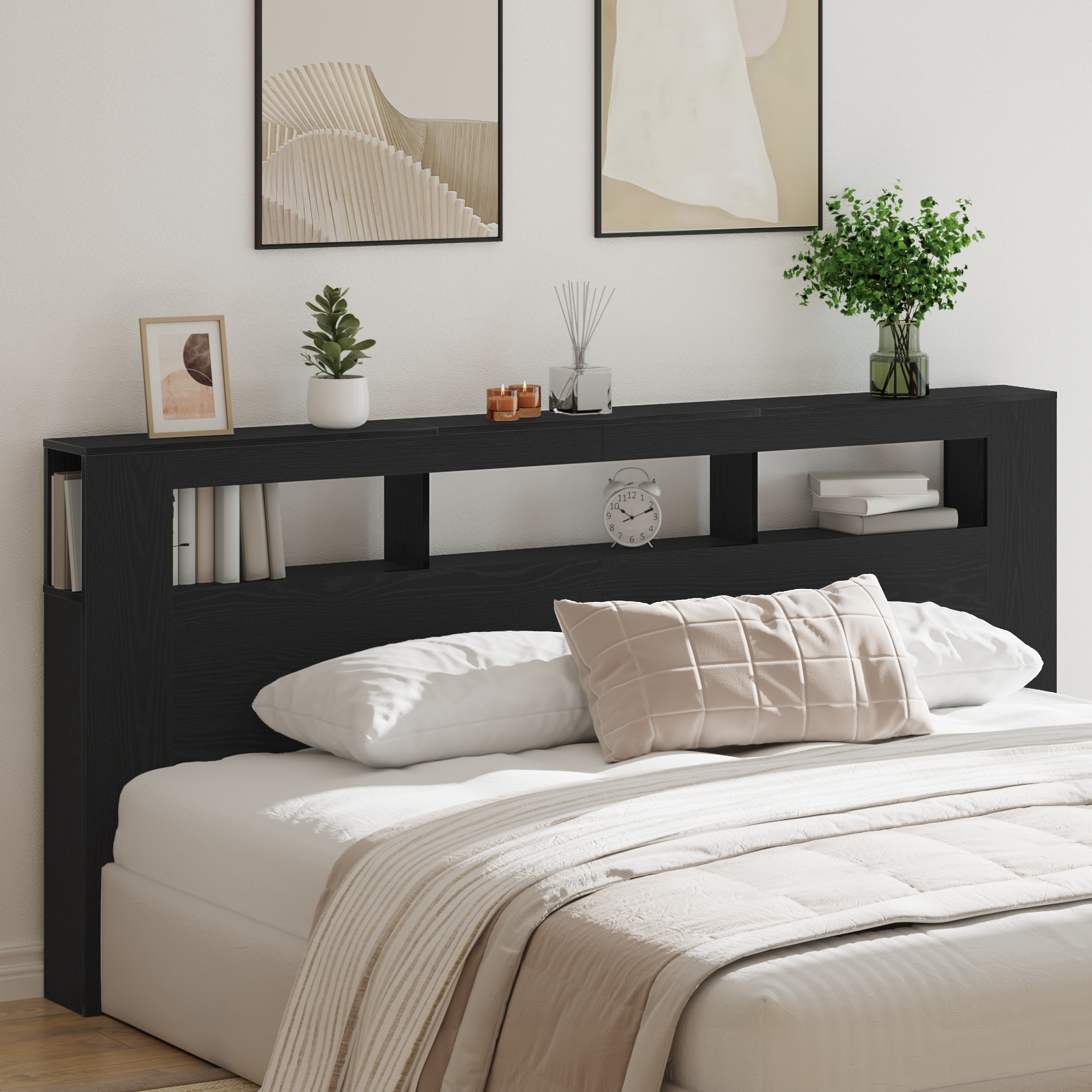 Storage Headboard with LED Lights Black Oak 220x18,5x103,5 cm