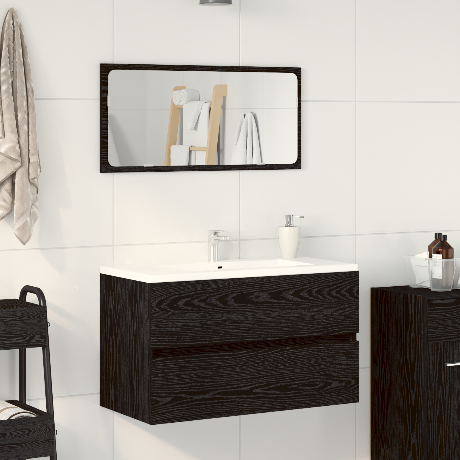 2 Piece Bathroom Furniture Set Black Oak Engineered Wood