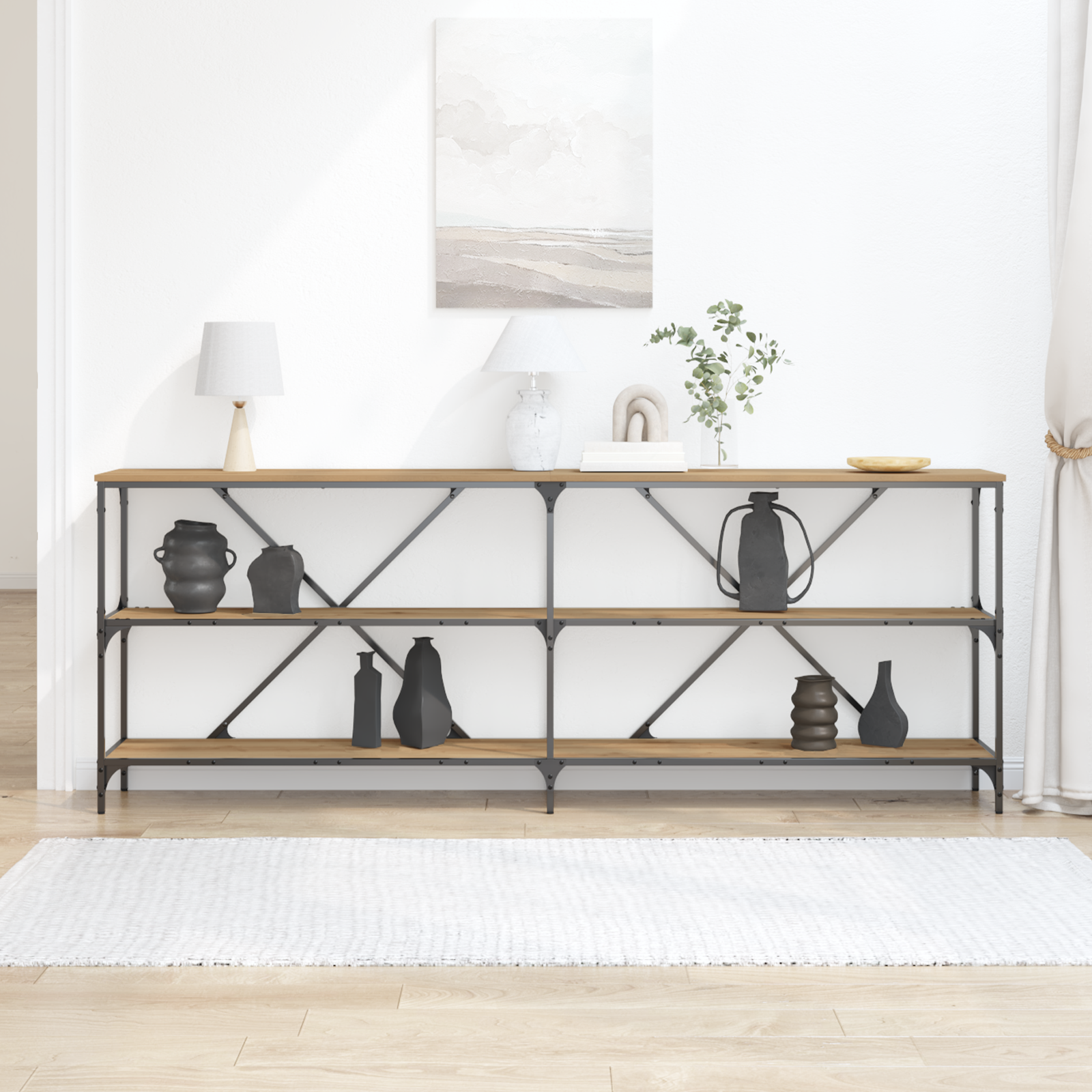 Console Table Artisan Oak 200x30x75 cm Engineered Wood & Steel - Image 4