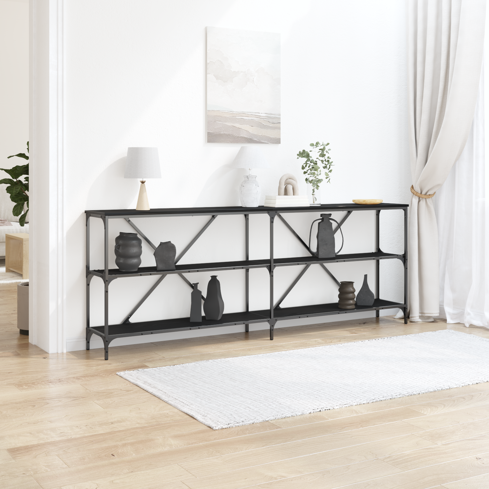 Console Table Black Oak 200x30x75 cm Engineered Wood and Steel