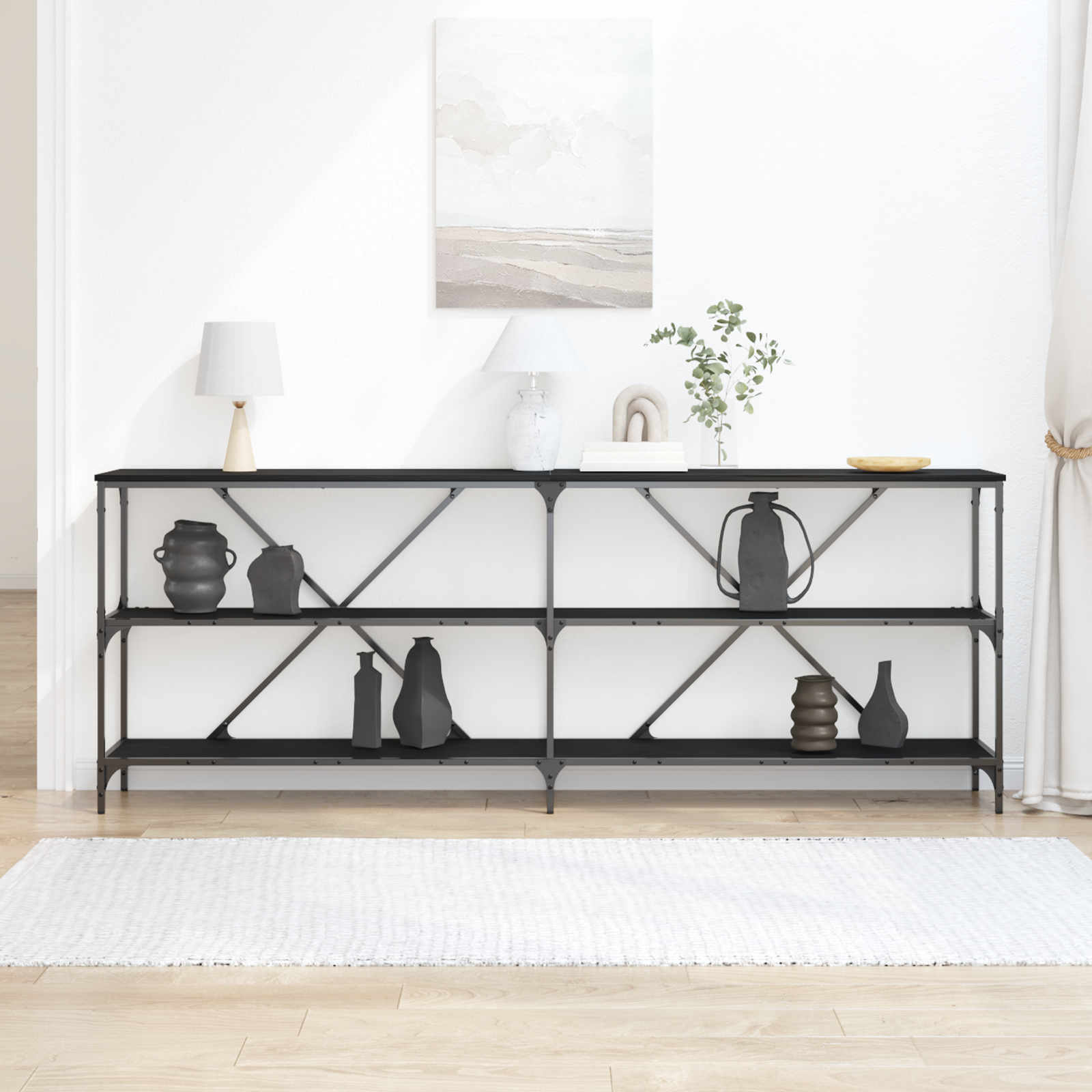 Console Table Black Oak 200x30x75 cm Engineered Wood and Steel - Image 4