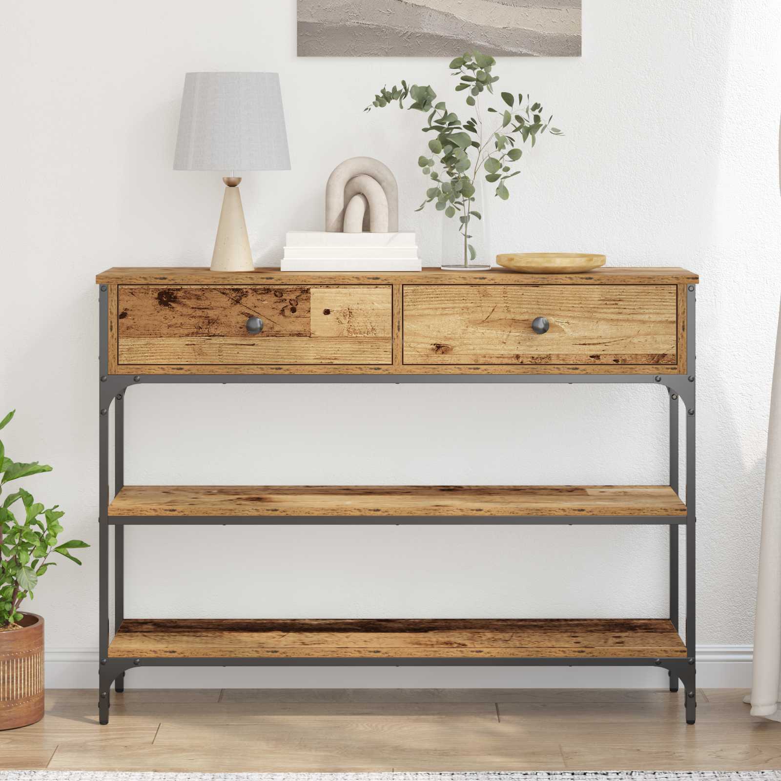 Console Table Old Wood 100x25x75 cm Engineered Wood and Steel - Image 4