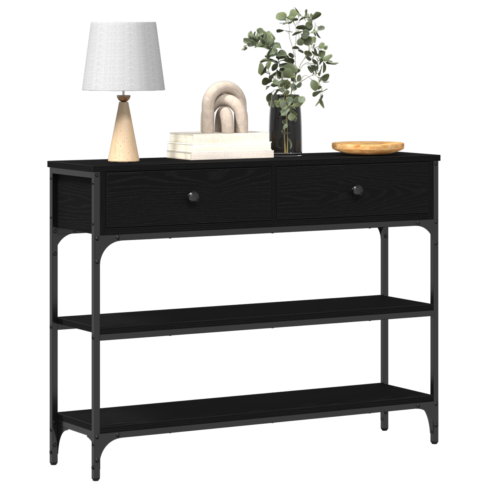 Console Table Black Oak 100x25x75 cm Engineered Wood & Steel - Image 3