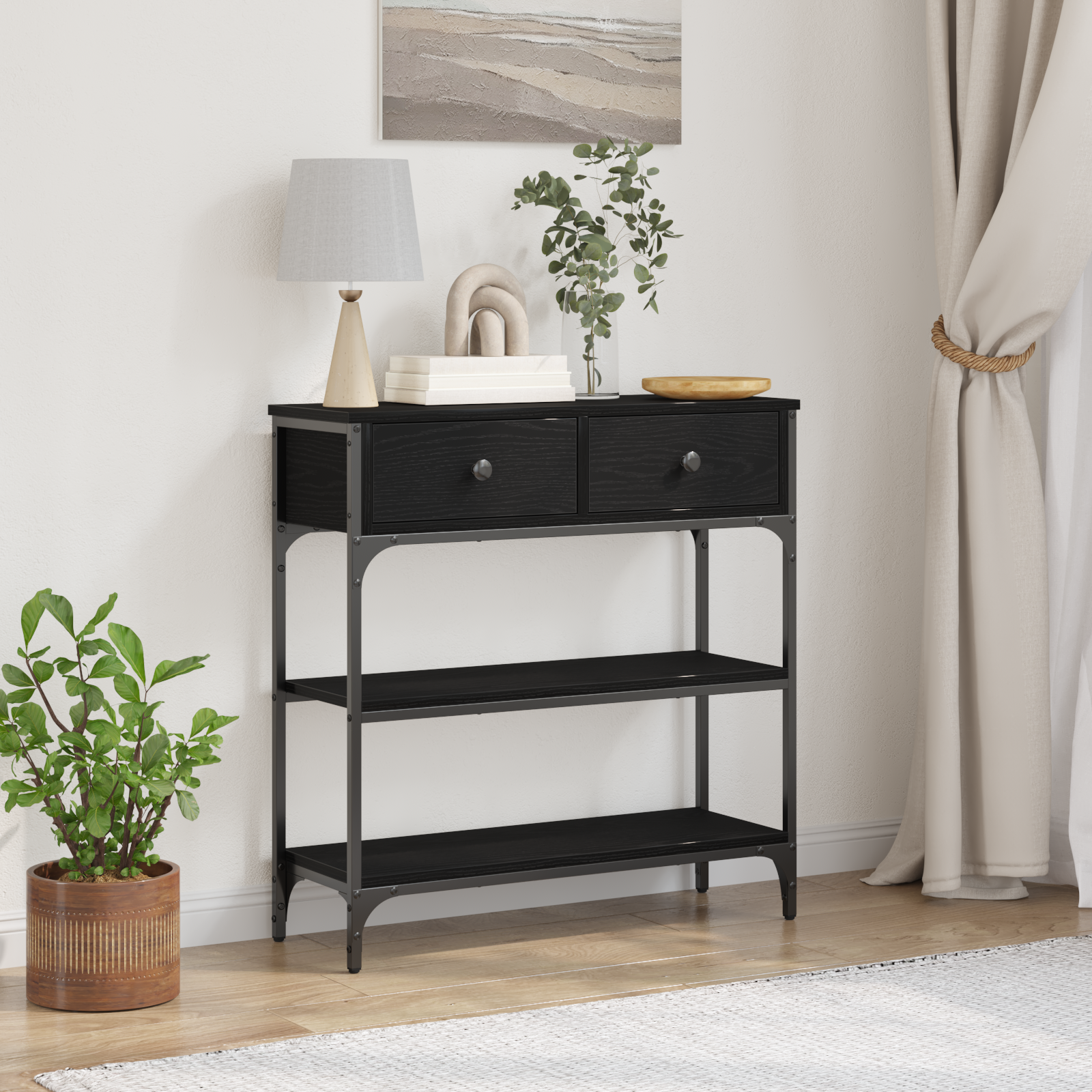 Console Table Black Oak 72,5x25x75 cm Engineered Wood & Steel
