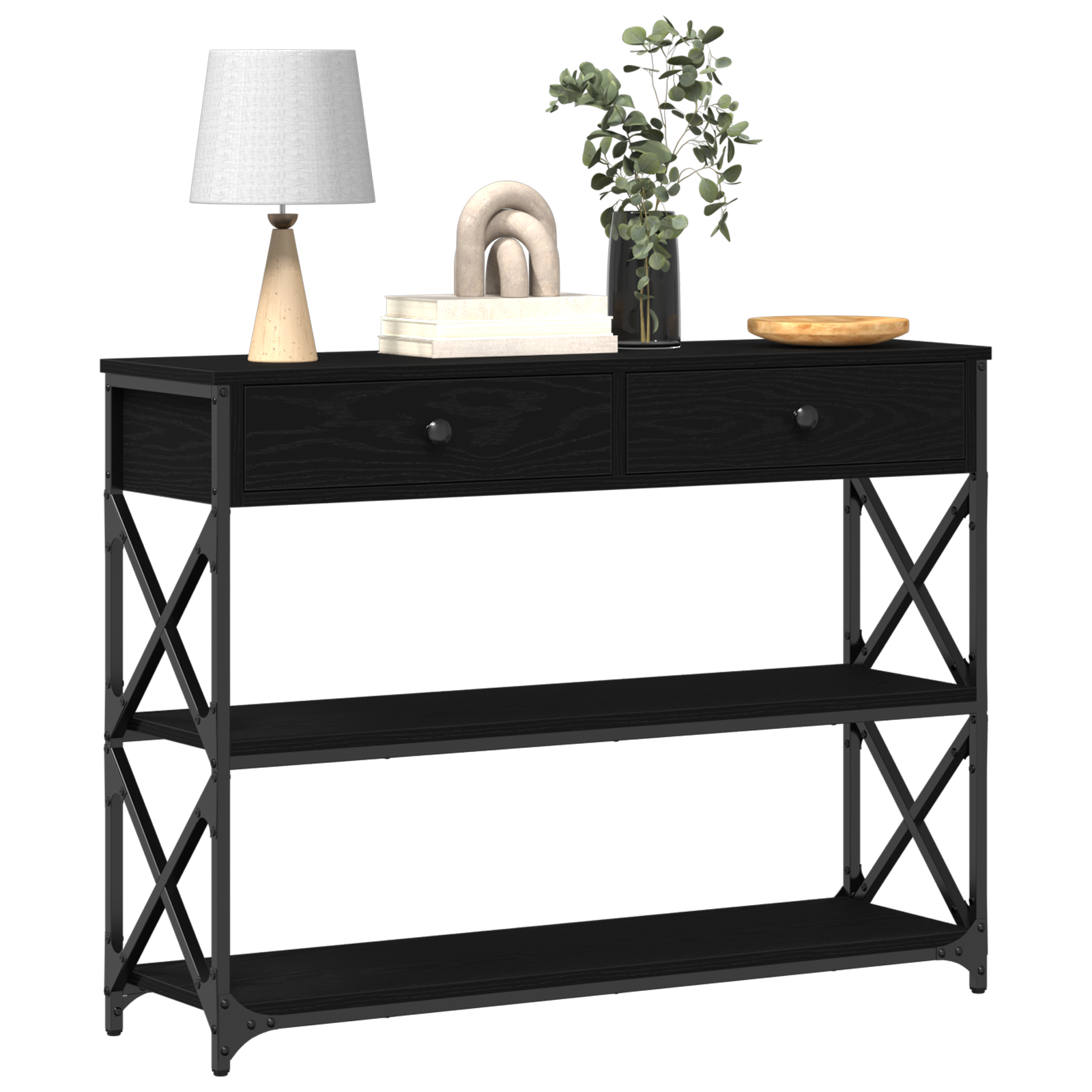 Console Table Black Oak 100x28x75 cm Engineered Wood & Steel - Image 3