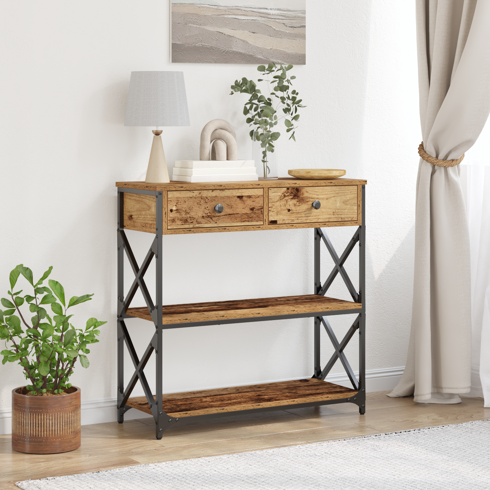 Console Table Old Wood 75x28x75 cm Engineered Wood and Steel