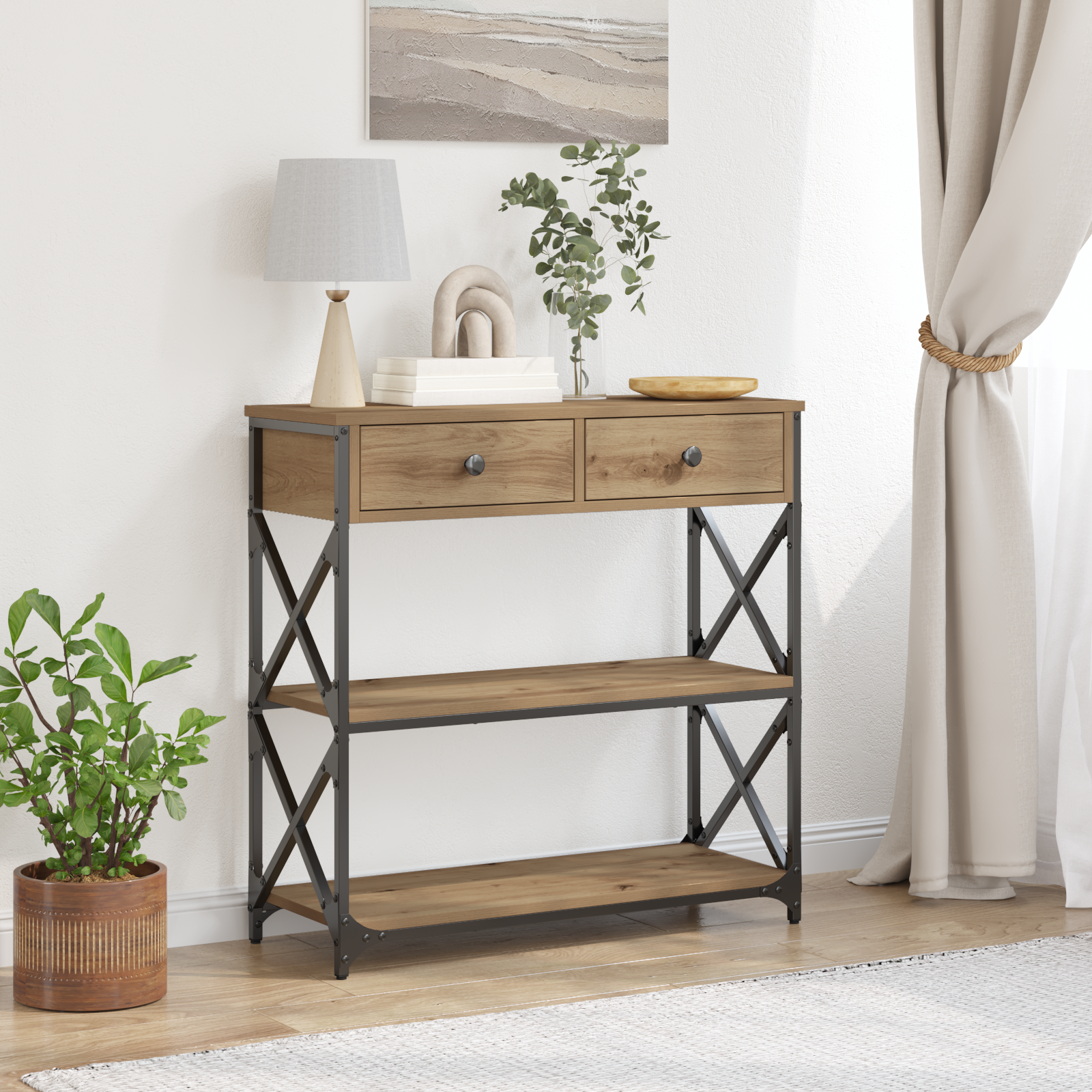 Console Table Artisan Oak 75x28x75 cm Engineered Wood and Steel