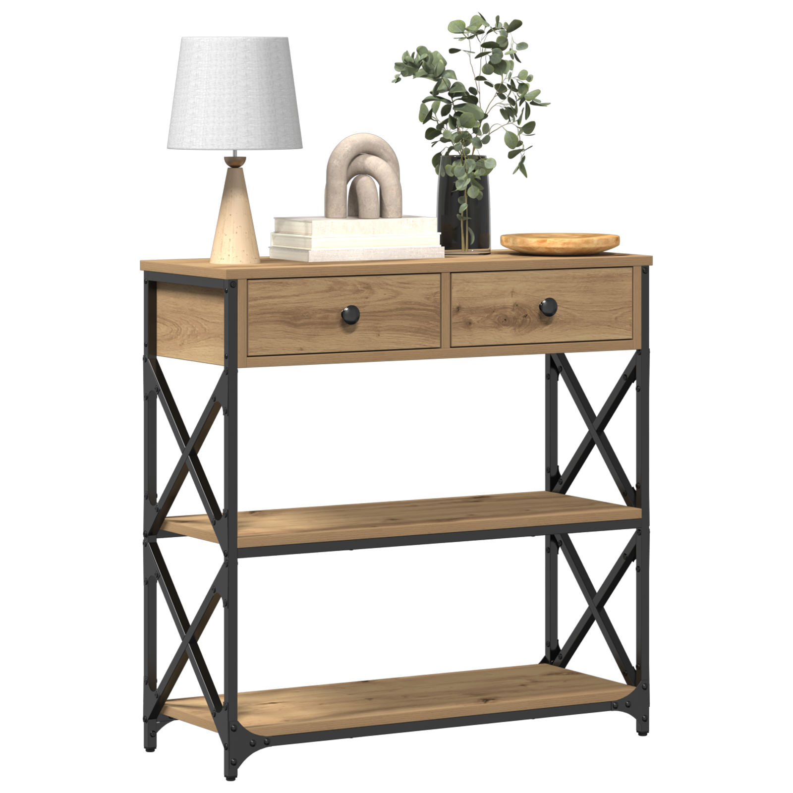 Console Table Artisan Oak 75x28x75 cm Engineered Wood and Steel - Image 3