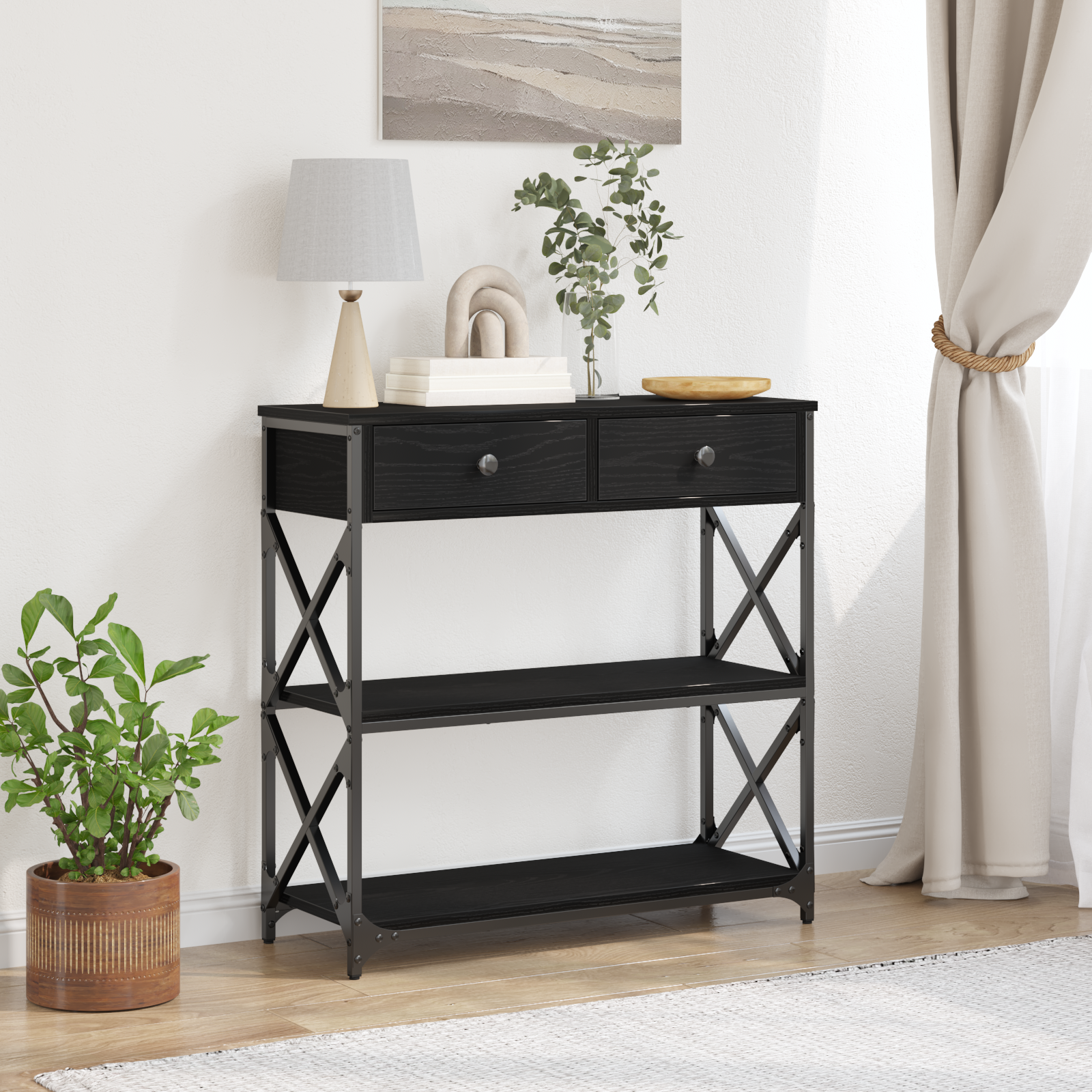Console Table Black Oak 75x28x75 cm Engineered Wood and Steel