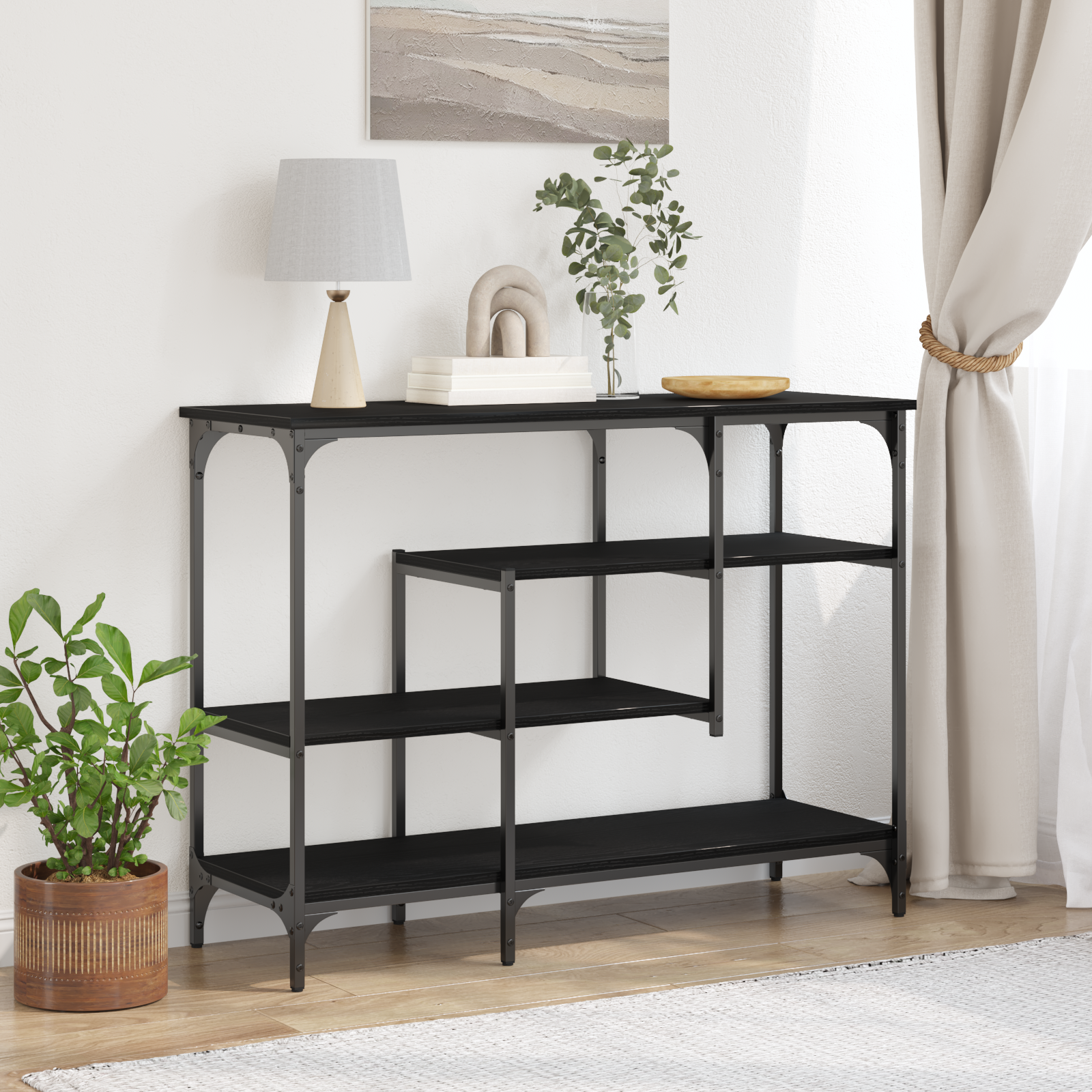 Console Table Black Oak 100x35x75 cm Engineered Wood and Steel