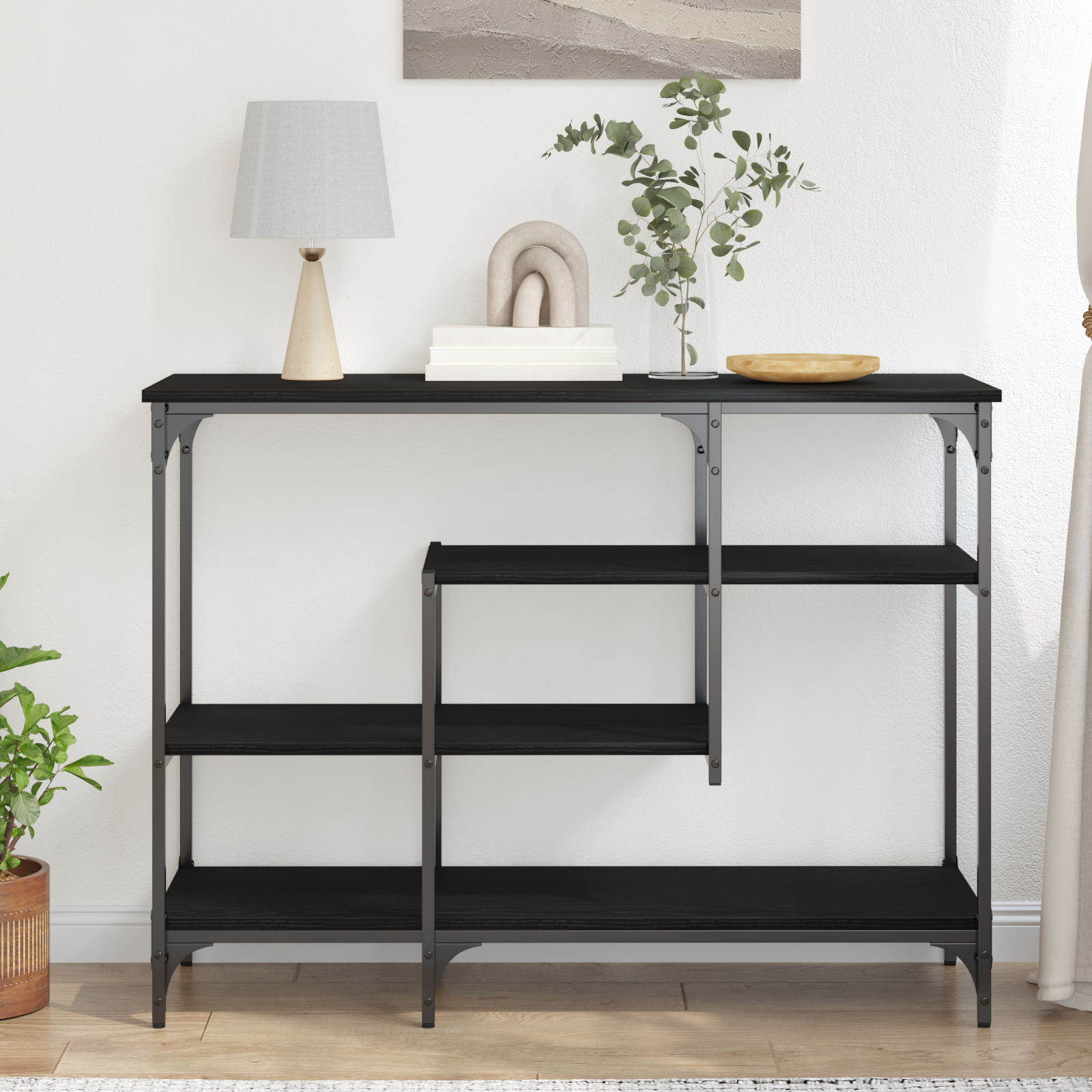 Console Table Black Oak 100x35x75 cm Engineered Wood and Steel - Image 4