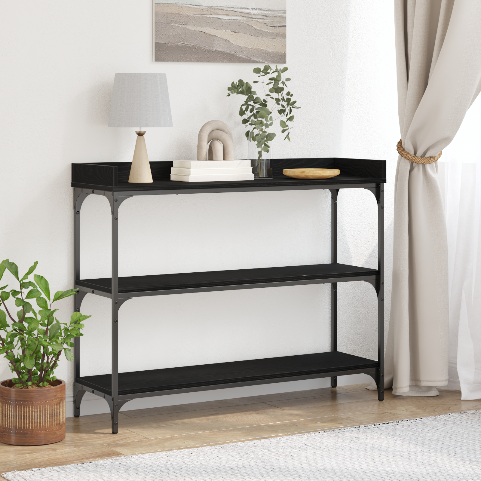 Console Table Black Oak 100x30x80 cm Engineered Wood and Steel