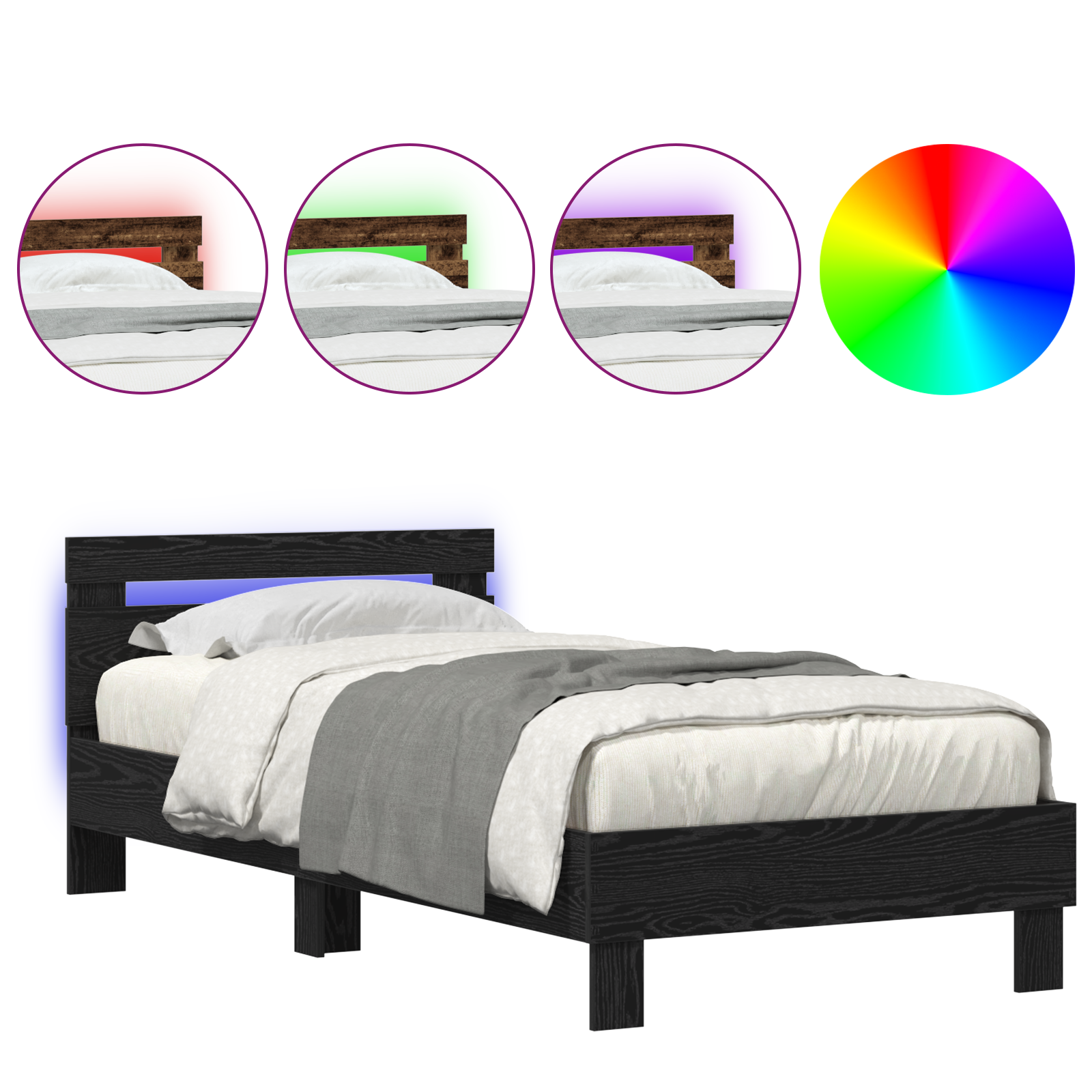 Bed Frame with LED Lights Black Oak 100x200 cm Engineered Wood - Image 4