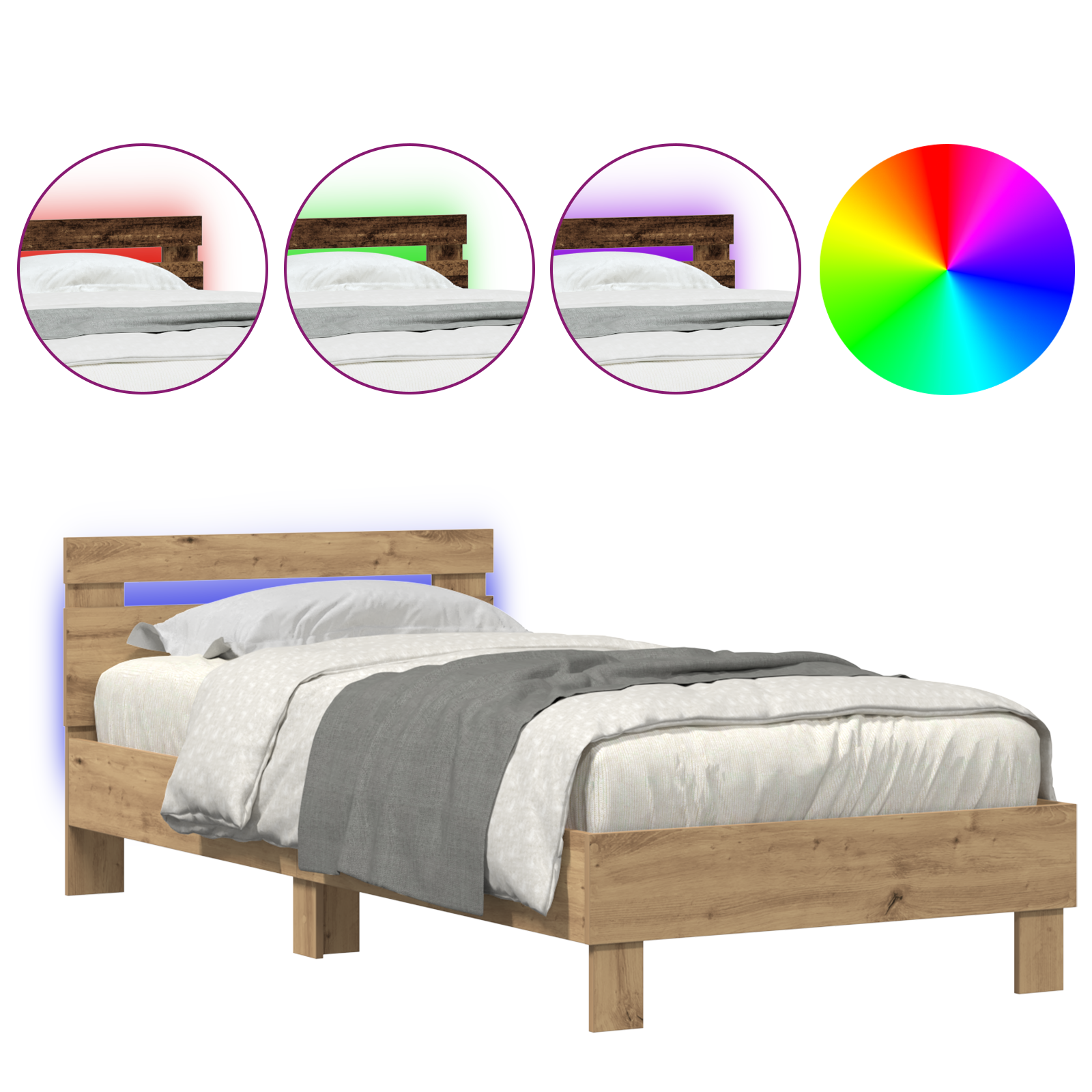 Bed Frame with LED Lights Artisan Oak 90x200 cm Engineered Wood - Image 4