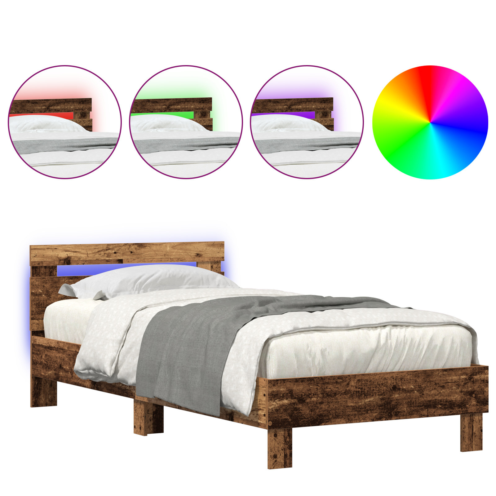Bed Frame without Mattress with LED Lights Old Wood 90x190 cm - Image 4