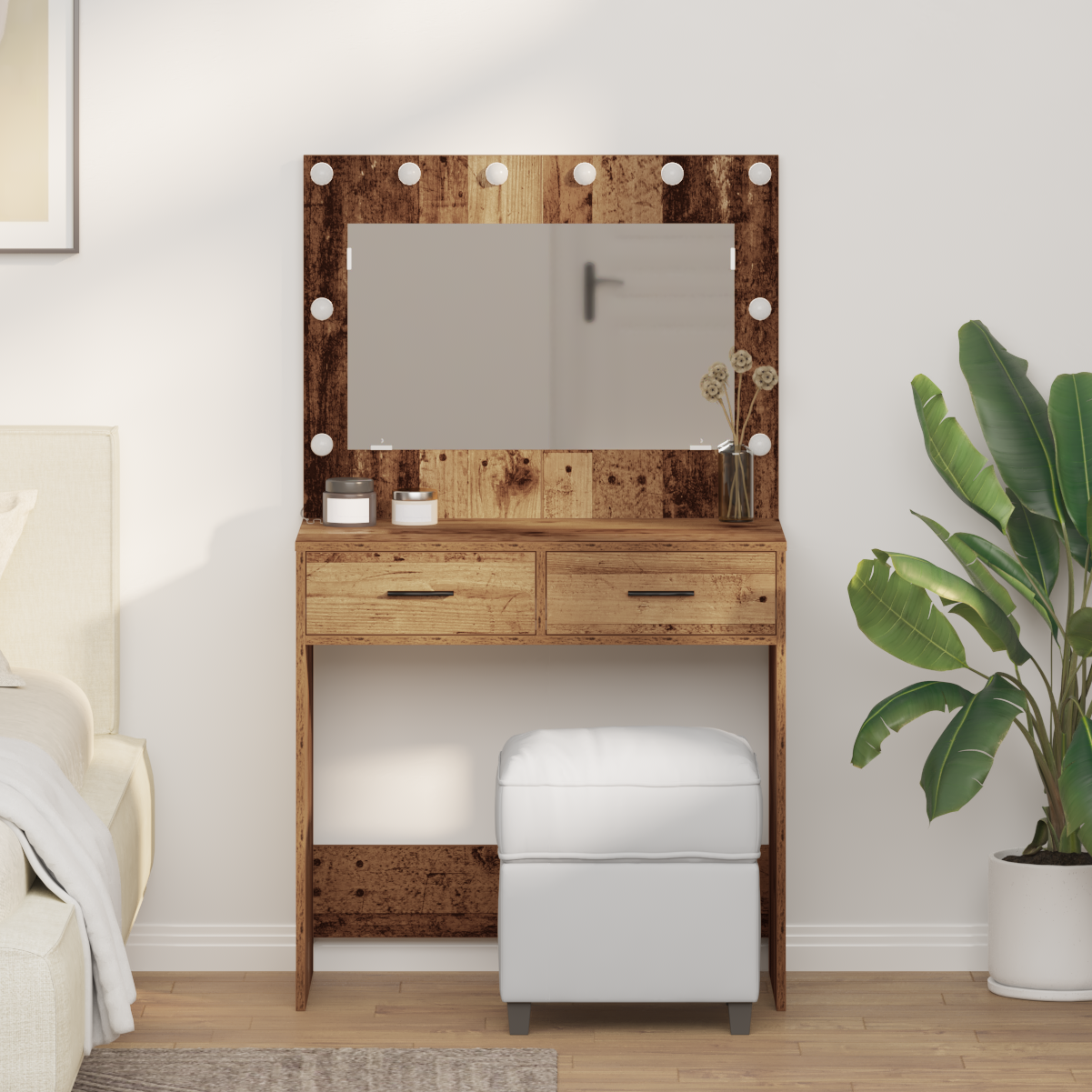 Thumbnail - vidaXL Schminktisch mit LED-Leuchten Altholz 78,5x41x135 cm