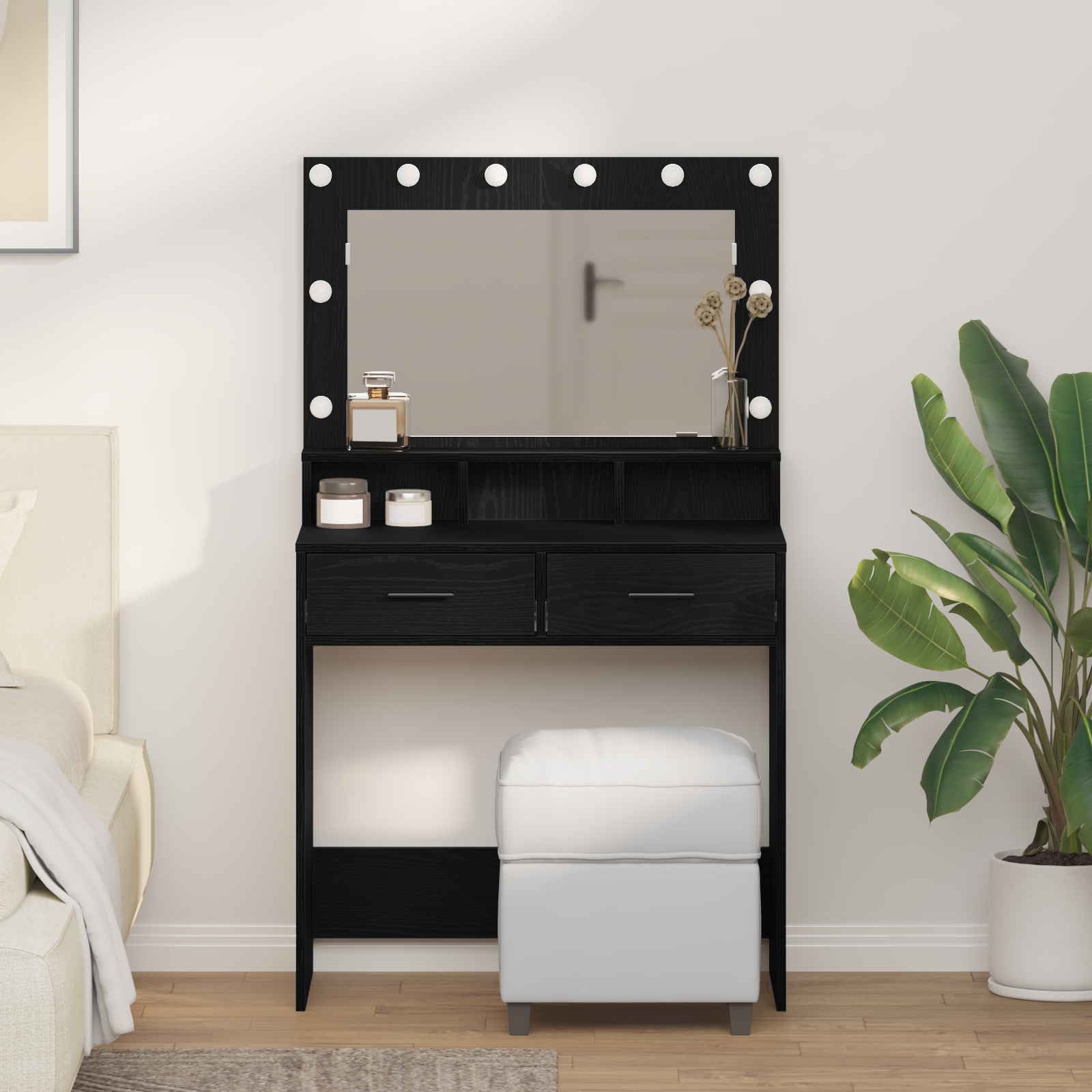 Makiažo staliukas su LED šviesom Juodas 79x41x135 cm
