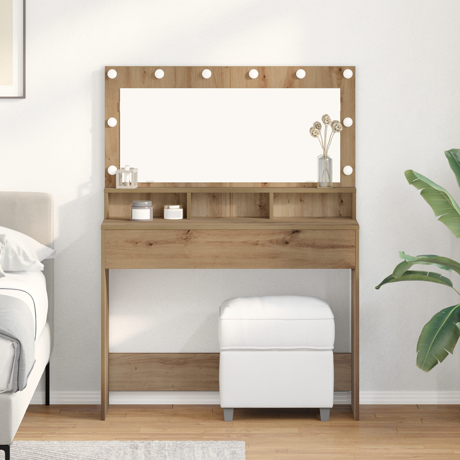 Makiažo stalas su LED šviesomis iš aukštos klasės ąžuolo, 100x41x135 cm
