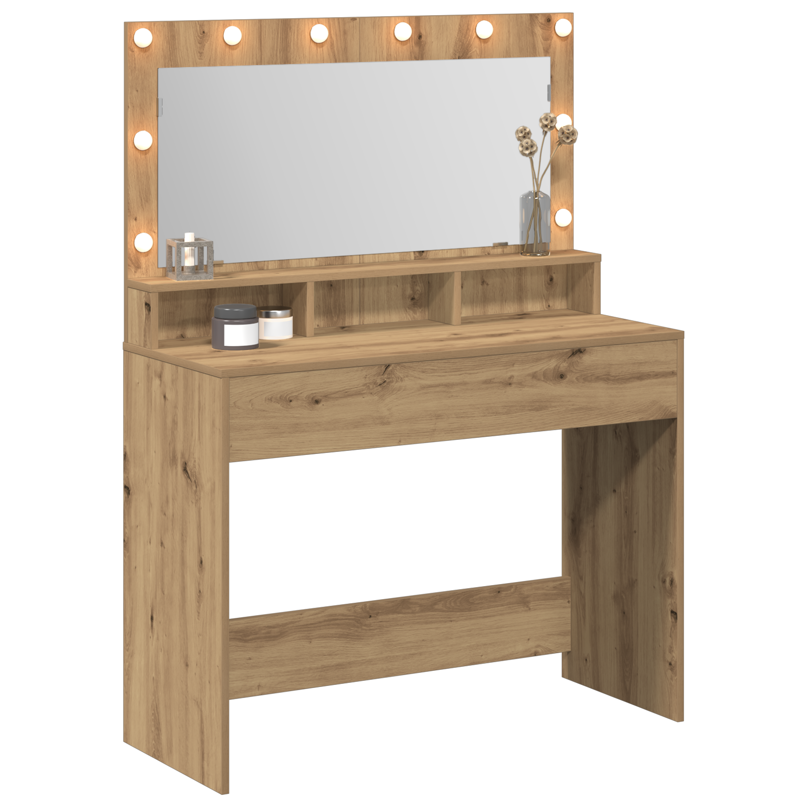 Makiažo stalas su LED šviesomis iš aukštos klasės ąžuolo, 100x41x135 cm - Image 3