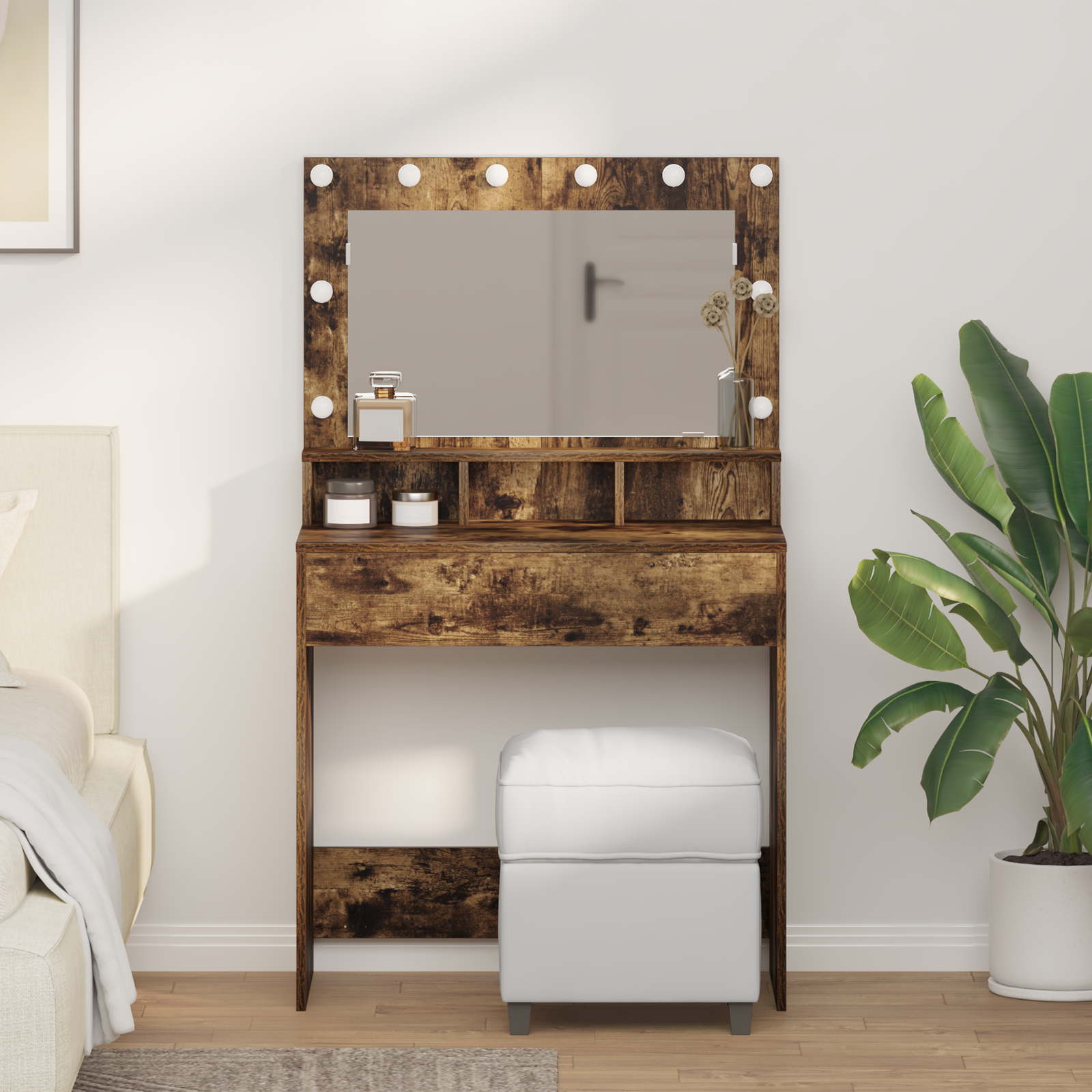 Makiažo Stalas su LED Šviesom, Rūkytas Ąžuolas, 79x41x135 cm