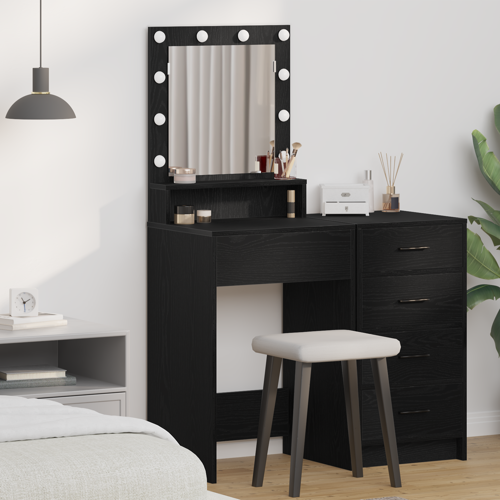 Black Oak Dressing Table with LED Lights - 50x41x135 cm