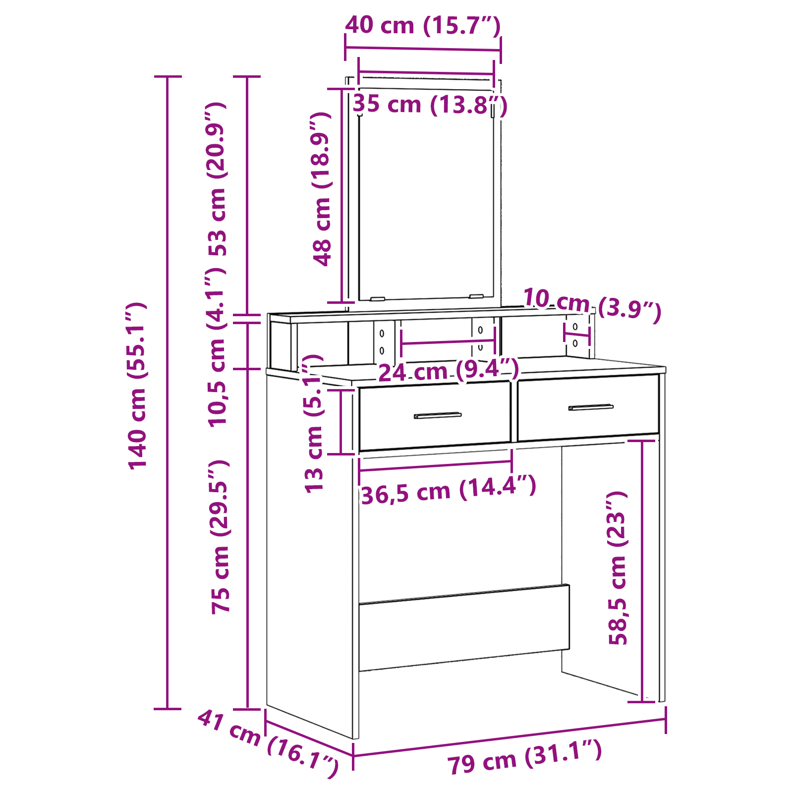 Dressing Table with Drawers White 79x41x140 cm - Image 11