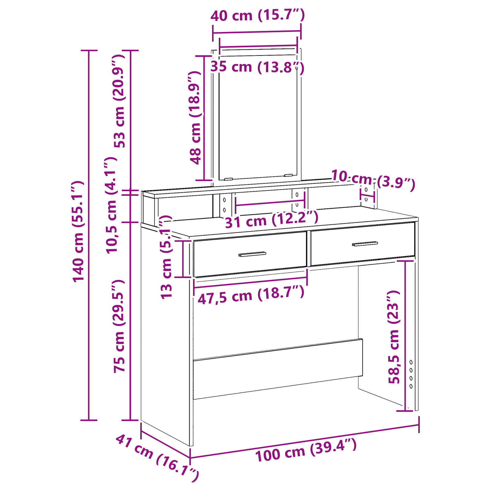 Dressing Table with Drawers Grey Sonoma 100x41x140 cm - Image 11