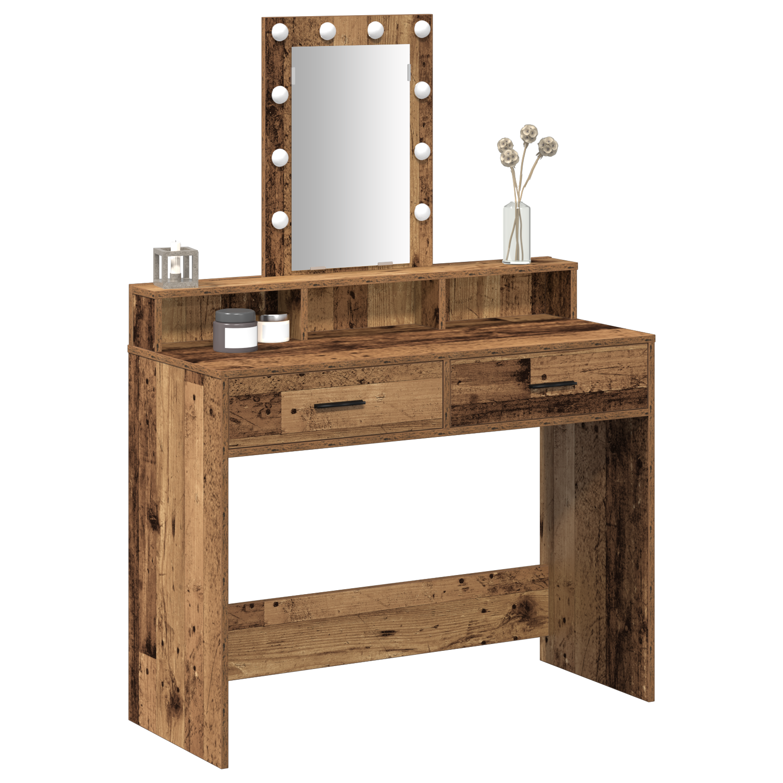 Dressing Table with LED Lights - Vintage Wood, 100x41x140 cm - Image 3