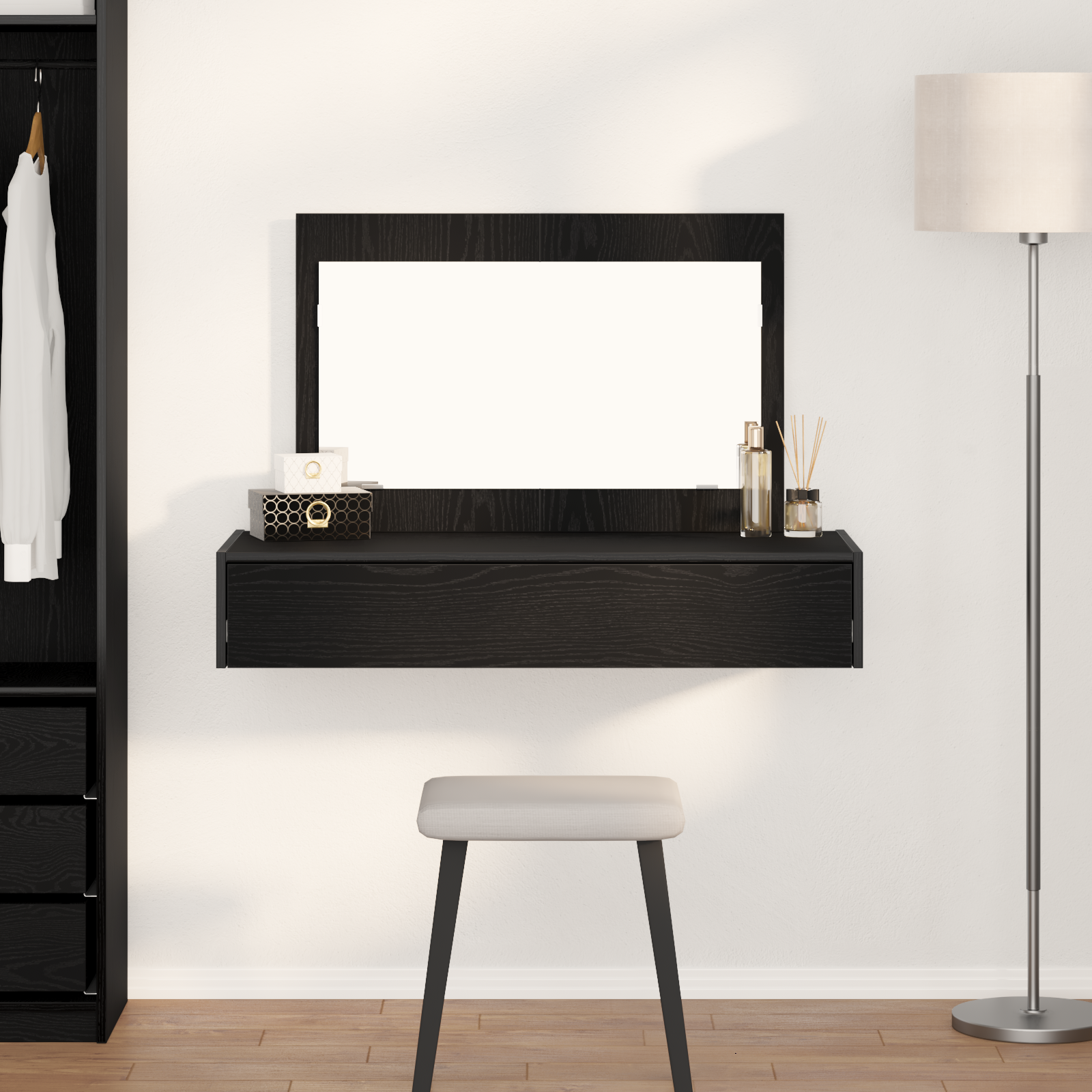 Wall-Mounted Dressing Table in Black Oak, 100x40x70 cm