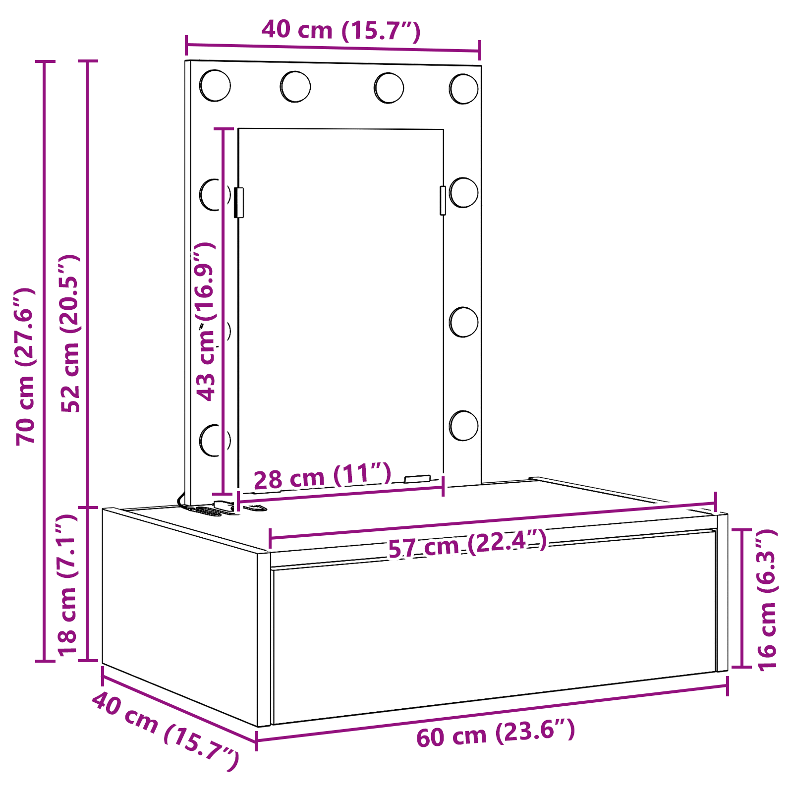 Wall Hanging Dressing Table with LED Lights - White - Image 11