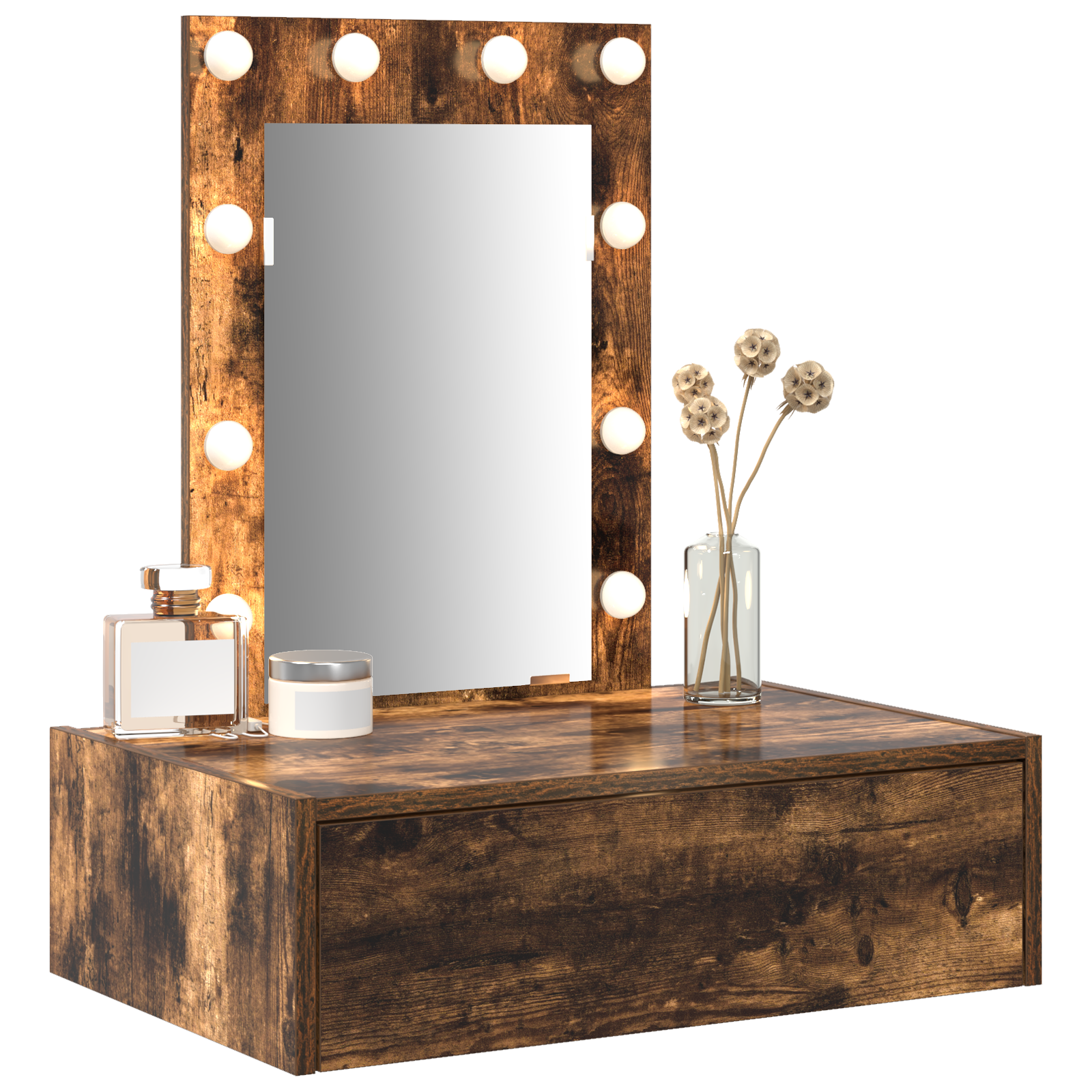 Wall Hanging Dressing Table with LED Lights in Smoked Oak - Image 3