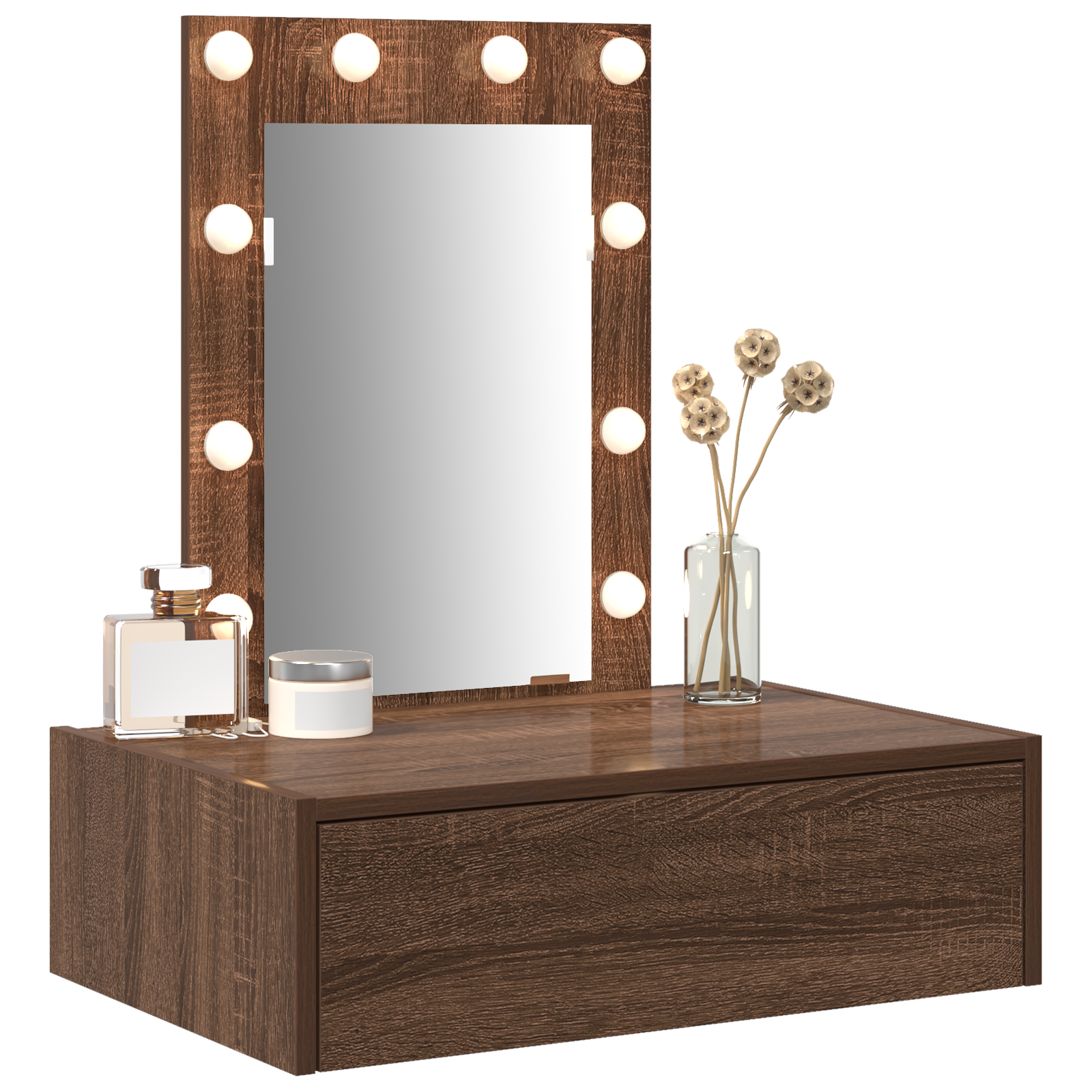 Wall Hanging Dressing Table with LED Lights in Brown Oak - Image 3