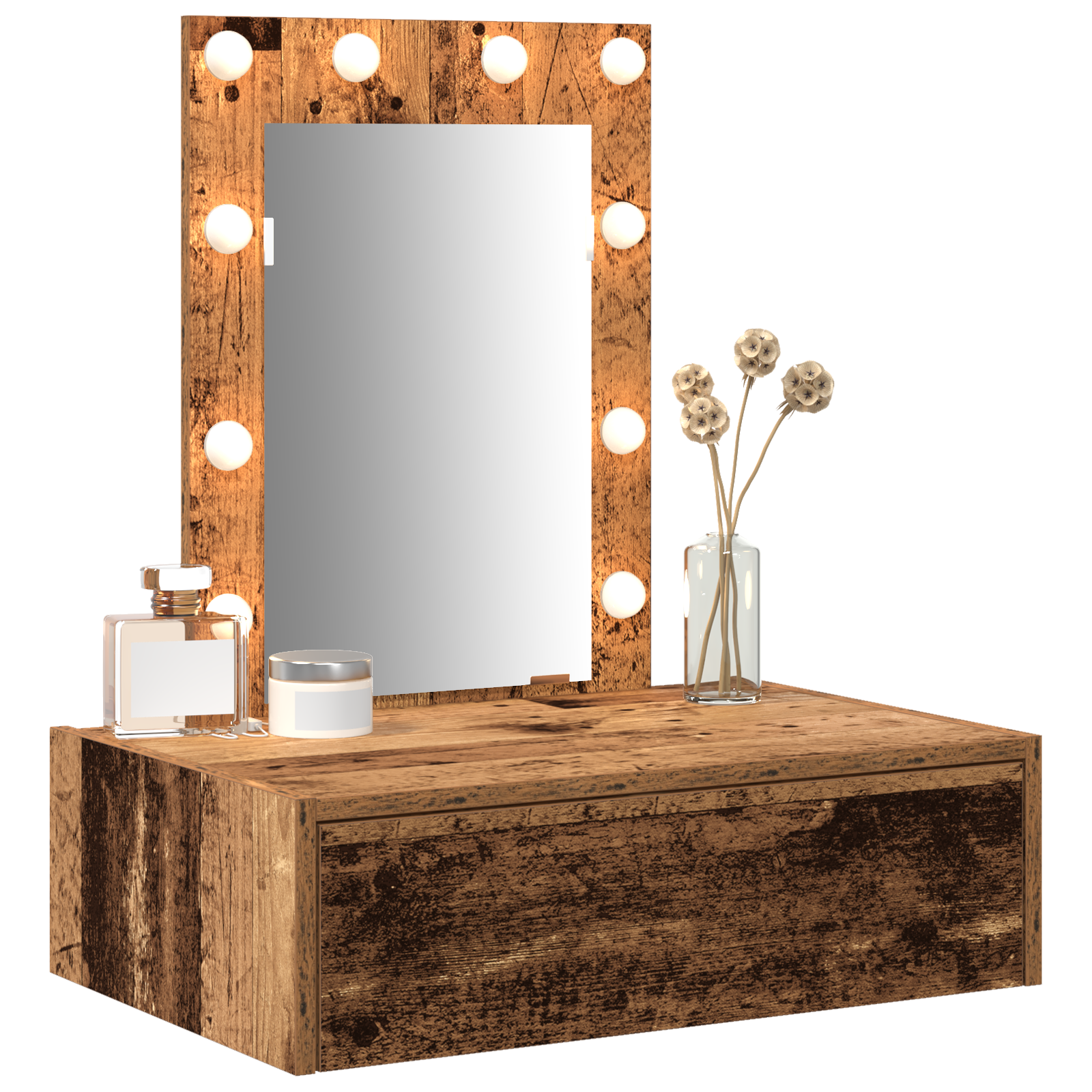 Wall Hanging Dressing Table with LED Lights Old Wood - Image 3