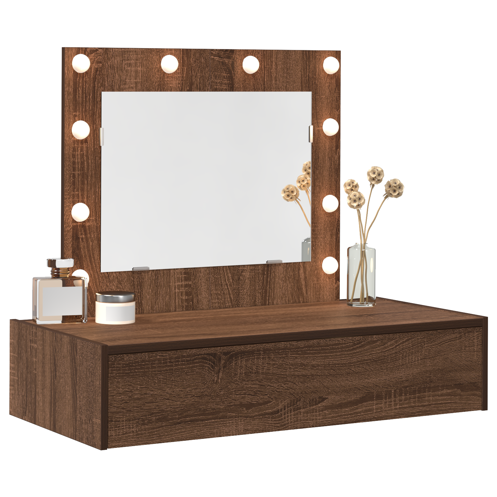 Wall Hanging Dressing Table with LED Lights Brown Oak - Image 3