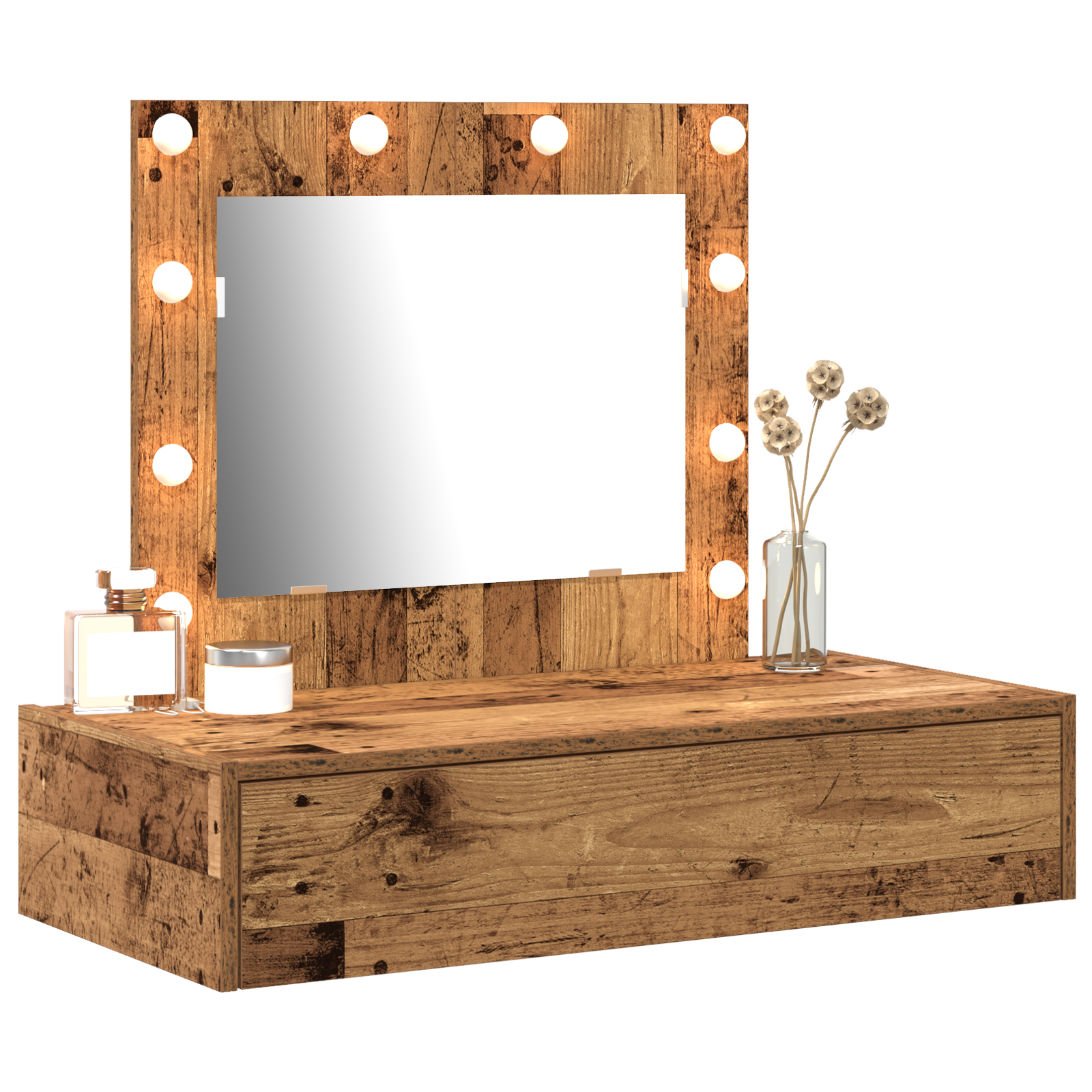 Wall Hanging Dressing Table with LED Lights Old Wood - Image 3
