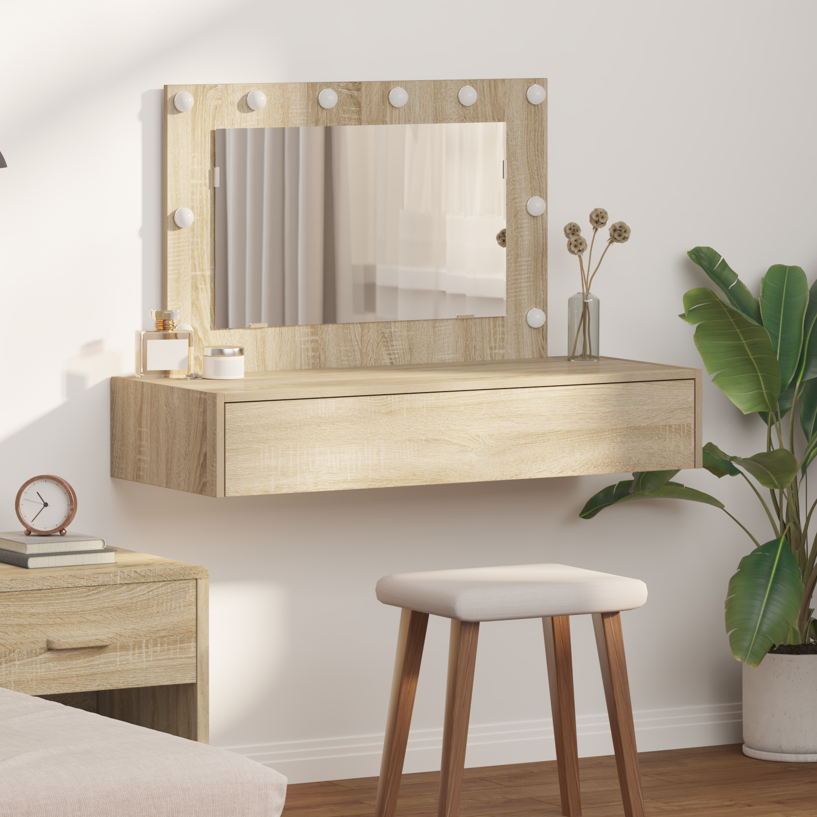 Prie Sienos Montuojamas Toaletinis Stalas su LED Šviesomis Sonoma ąžuole