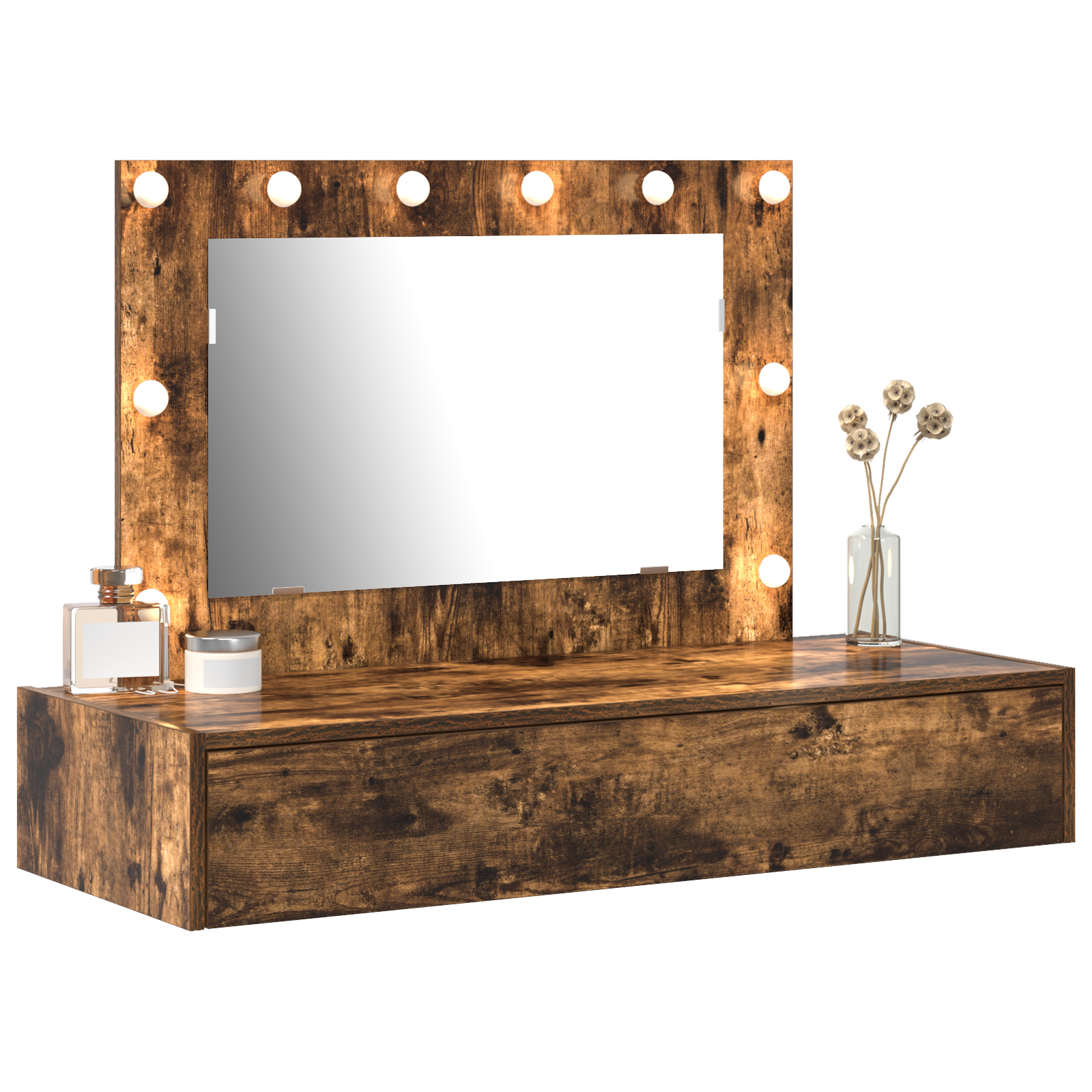 Wall Hanging Dressing Table with LED Lights in Smoked Oak - Image 3